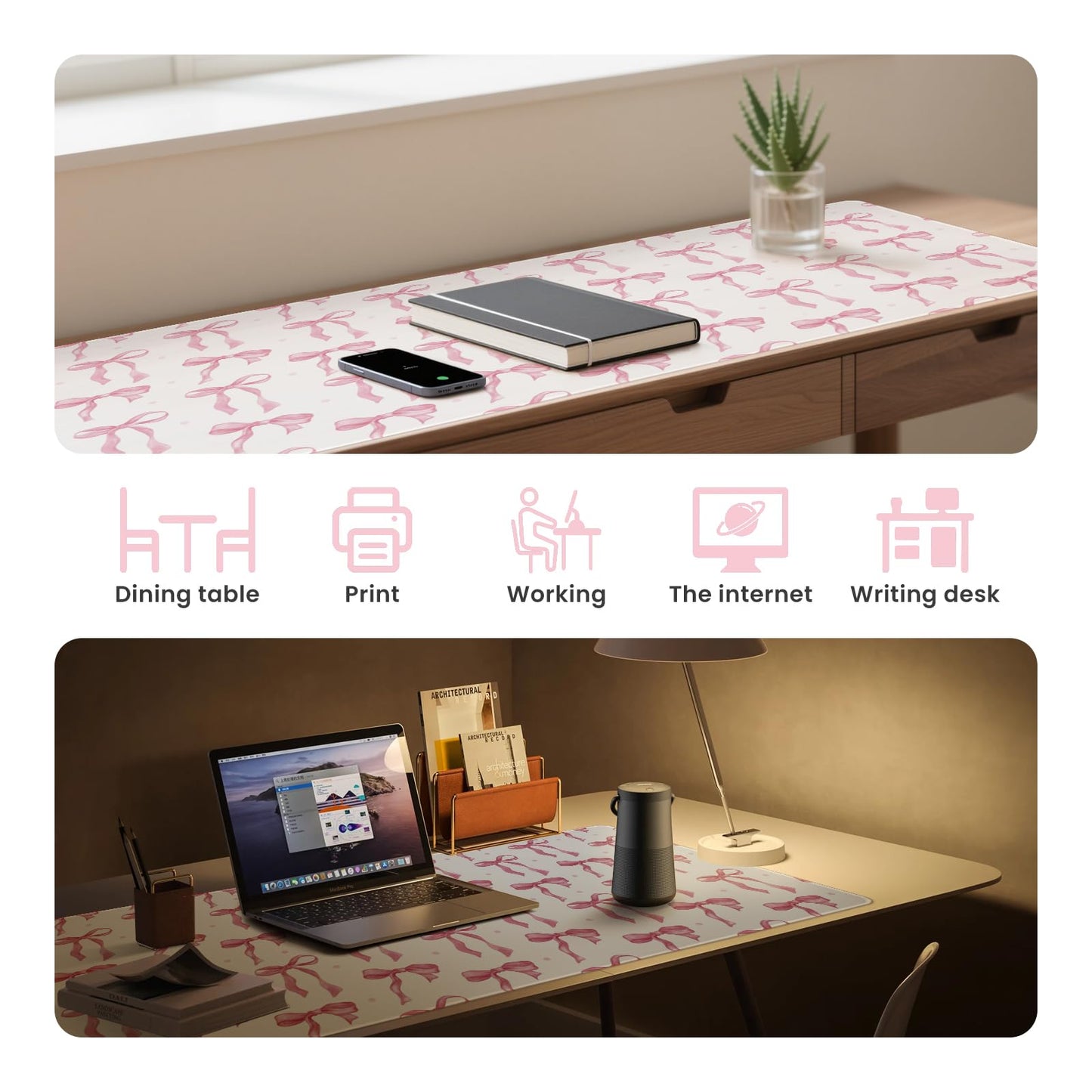Pink Desk Mat, Bows Mouse Pad Computer Mat Desk Accessories 35.4 x 15.7in