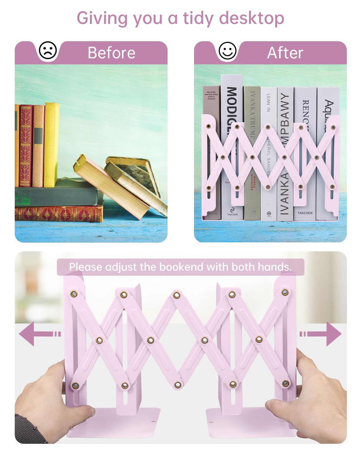 Honagu Adjustable Bookends, Metal Book Ends for Shelves Heavy Book, Desk Magazine File Organizer