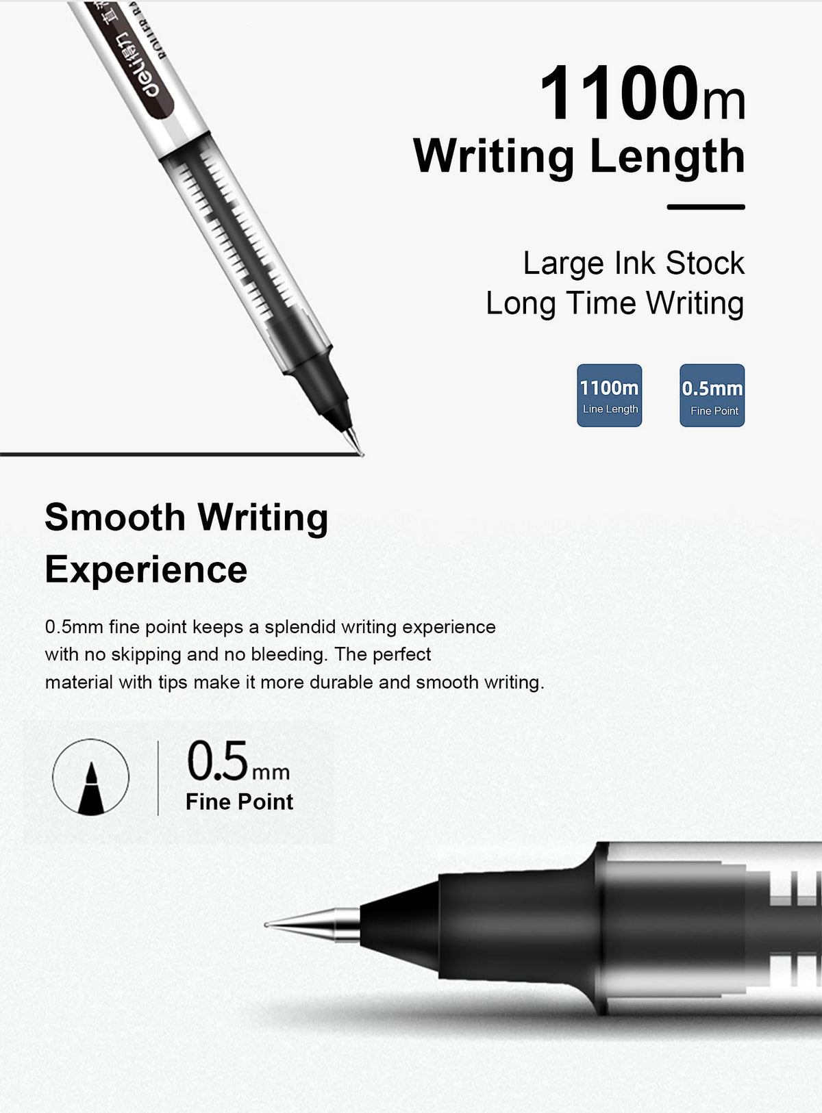 deli 12 Pack Black Rolling Ball Pens, Fine Point Pens, 0.5mm Liquid Ink Pens, Quick Dry, No Smear