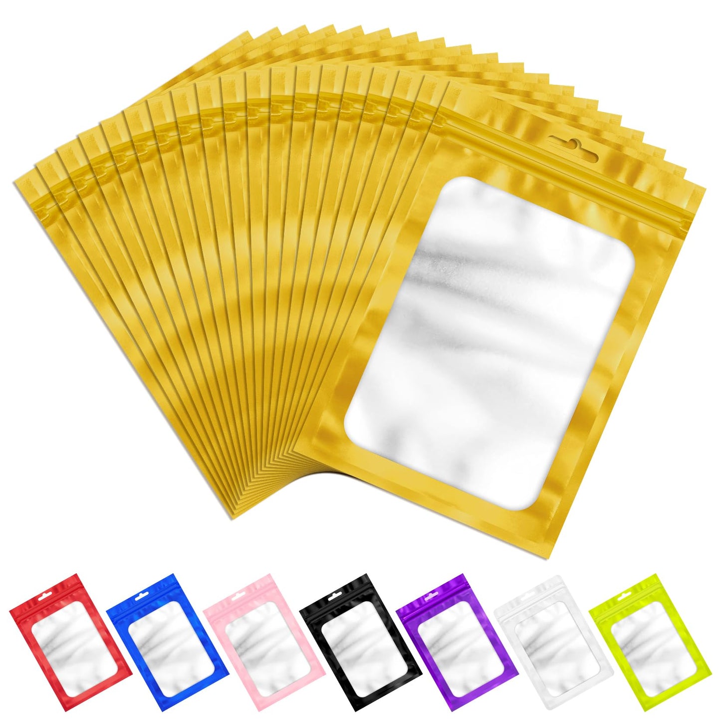 ANZNKU 100Pcs Gold Mylar Bags, Resealable Smell Proof Zip Goodie Baggies
