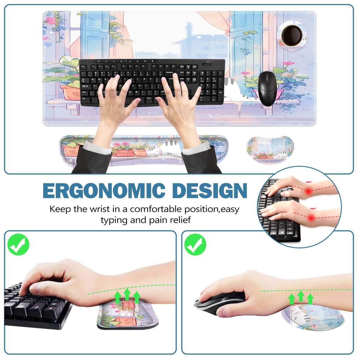 ToLuLu Extended Gaming Mouse Pad, Ergonomic Keyboard Mouse Wrist Rest Set