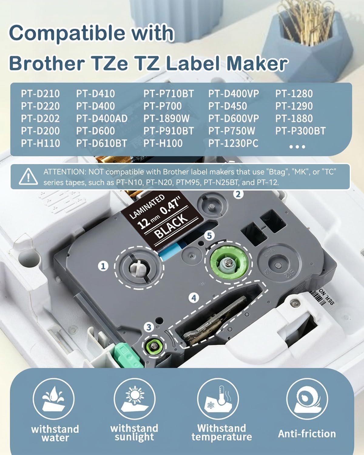 MarkDomain Laminated 0.47 White on Black Compatible Brother TZe Tape 12mm