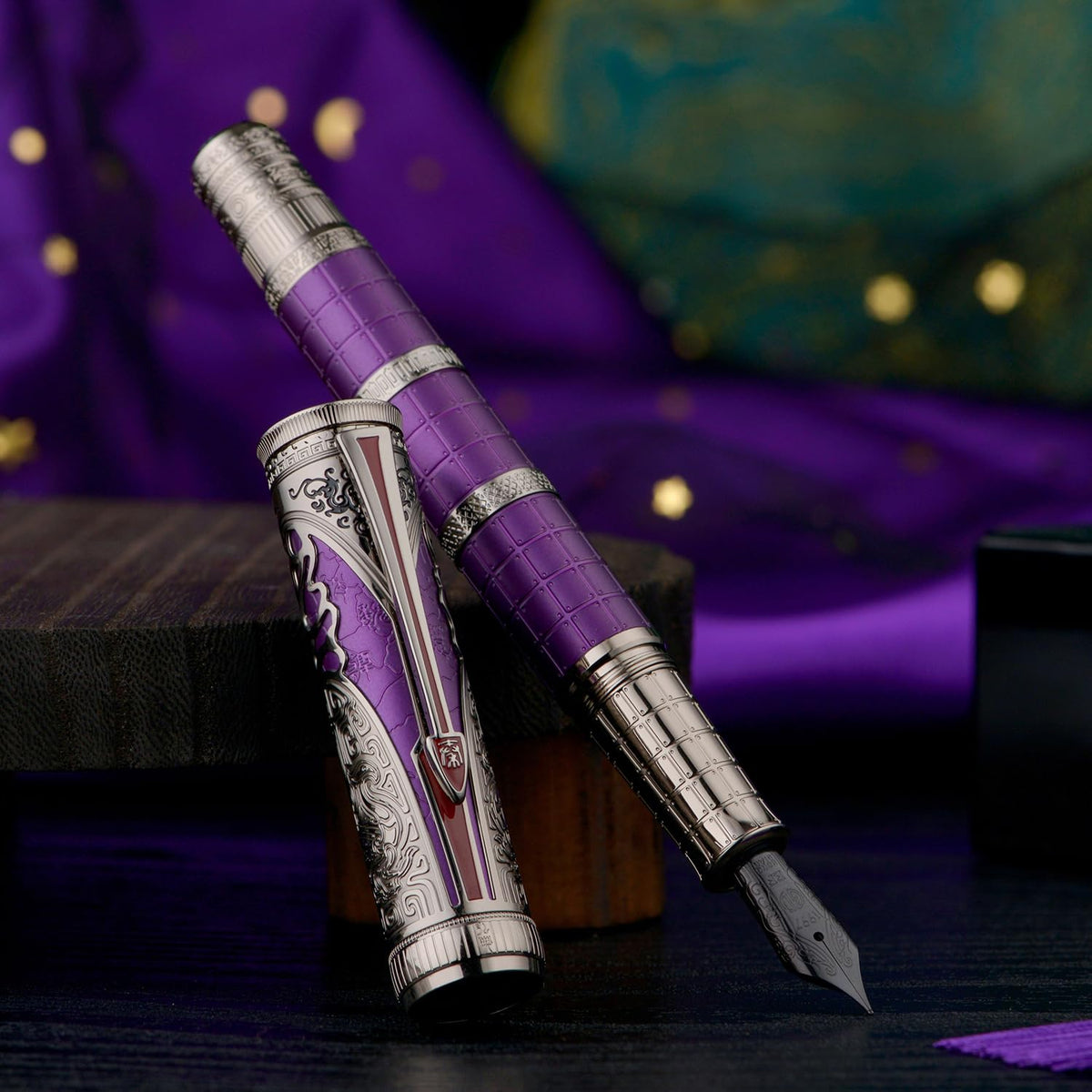 Hongdian D5X Fountain Pen Purple Color Fine Nib, Qin Dynasty Retro Chinese Totem Engraving Smooth