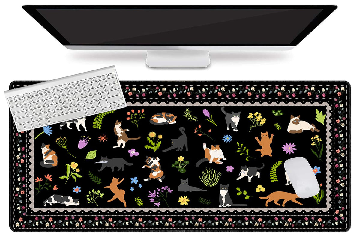 L-SPOUTTO Cute Cat Desk Mat for Keyboard and Mouse,Black XXL Mouse Pad