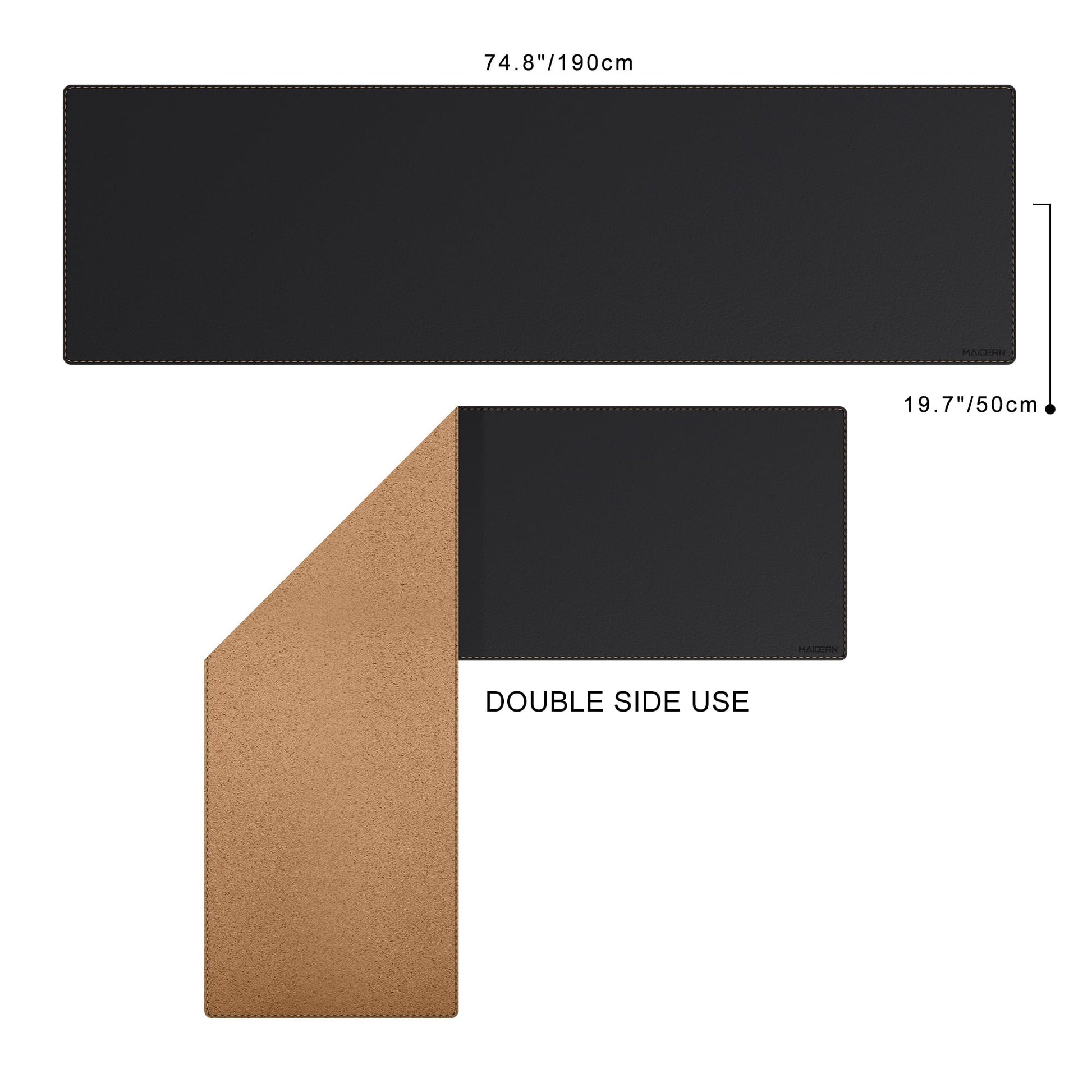 MAIDERN Cork & Leather Desk Mat, 74.8” x 19.6” Reversible Desk Pad(Black)
