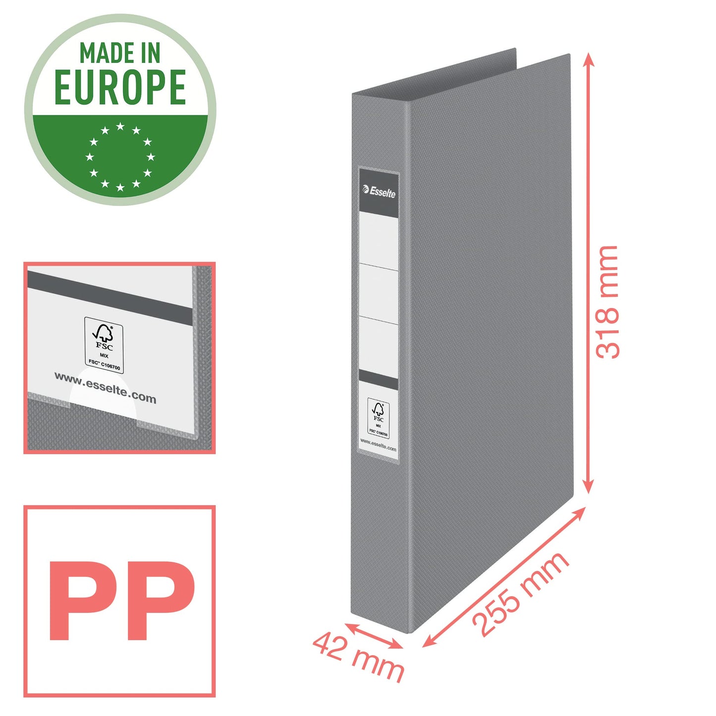 Esselte Ring Binder, 190 Sheet Capacity, 42mm Spine, 2 Ring A4 Folder, Hard Cover File, Home/Office