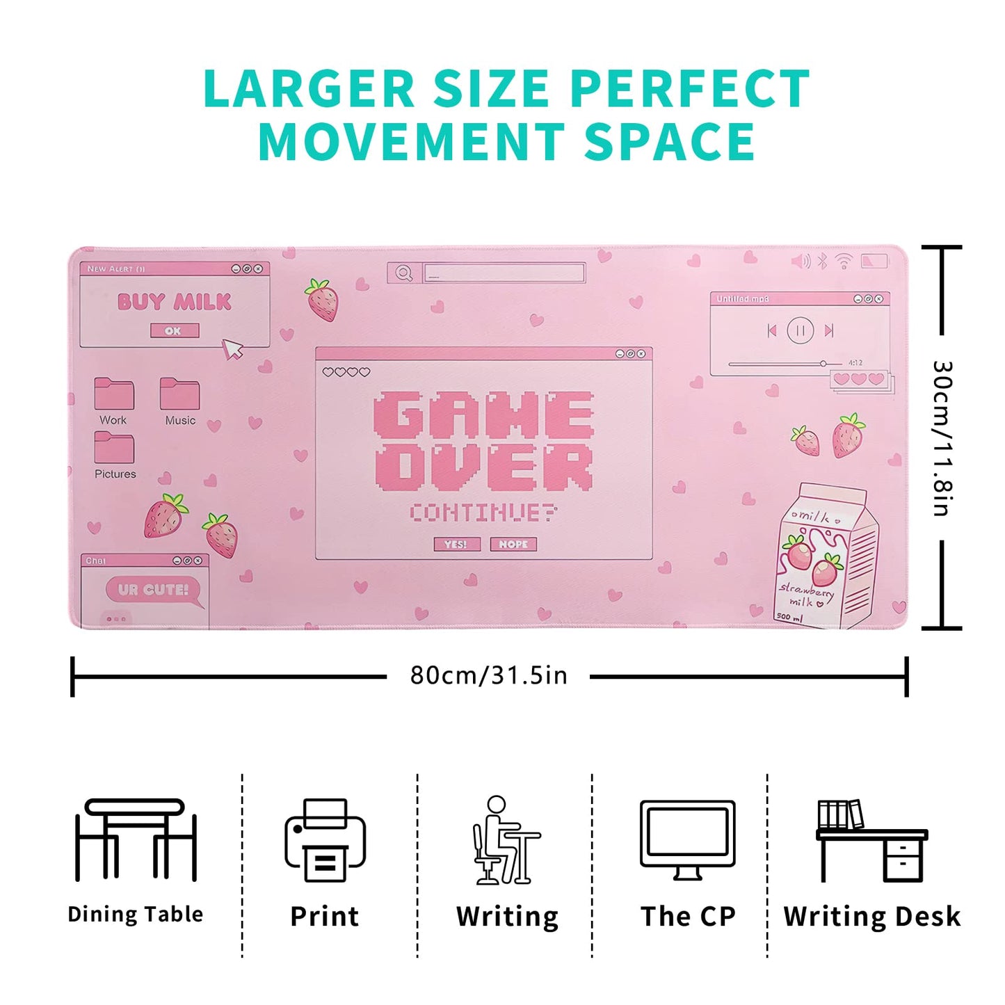 Pink Gaming Mouse Pad 31.5x11.8 Inch Pastel Game Over Large Mousepad Kawaii Office Decor for Women