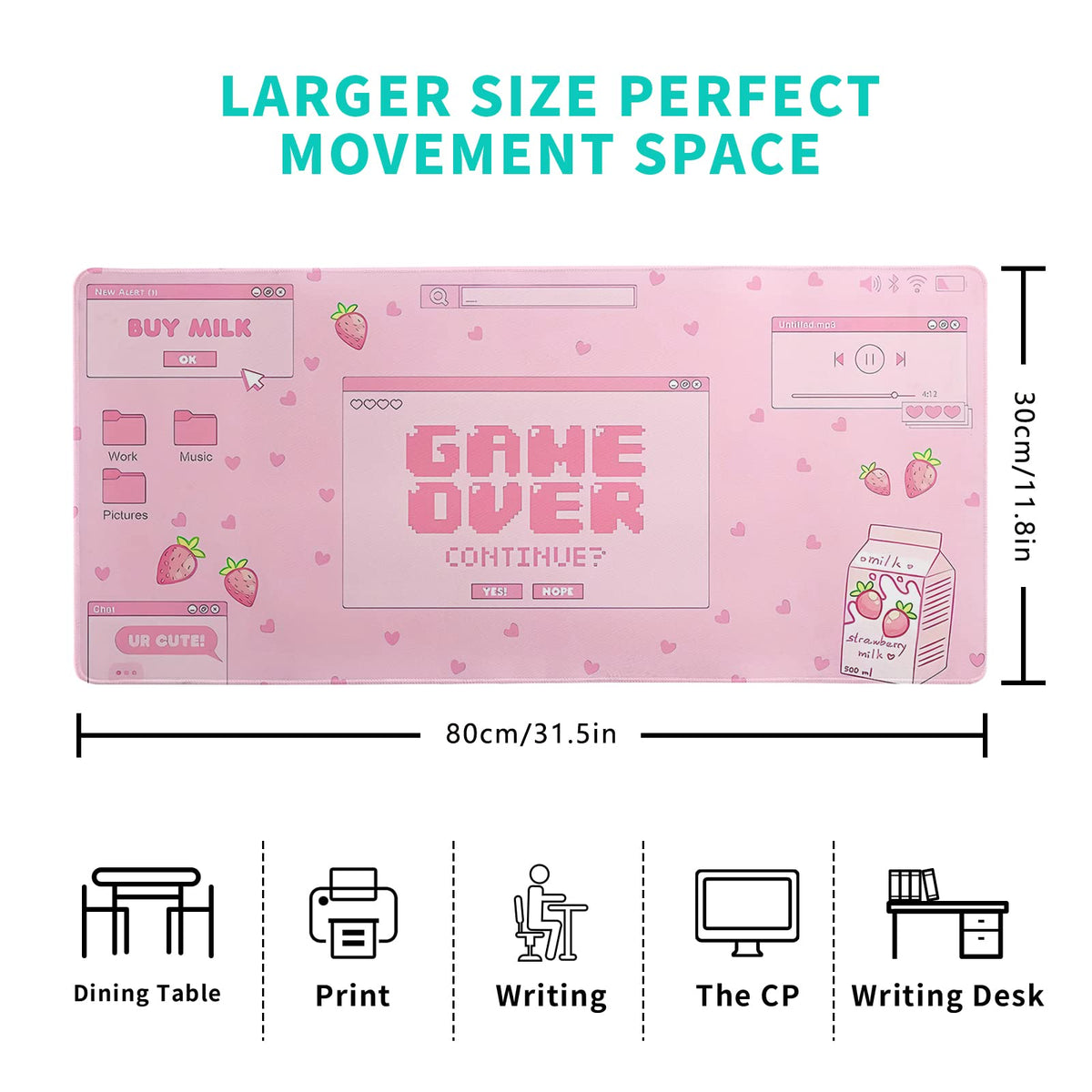 Pink Gaming Mouse Pad 31.5x11.8 Inch Pastel Game Over Large Mousepad Kawaii Office Decor for Women