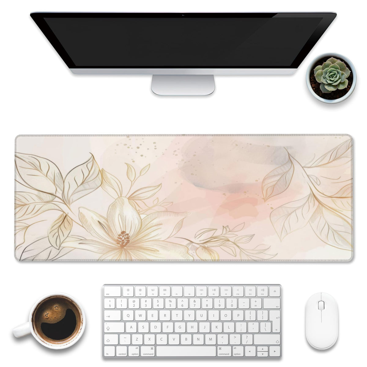 Desk Mat,Minimalist Flowers and Leaves Large Gaming Mouse Pad for Desk XL,Golden Line Floral Desk
