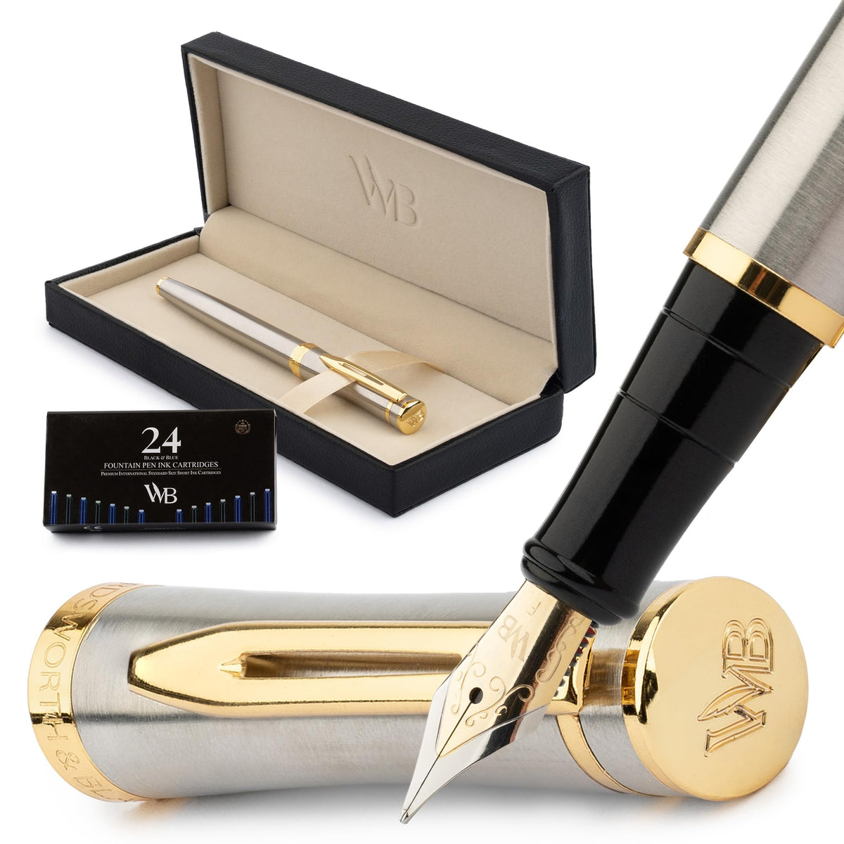 Wordsworth & Black Luxury Fountain Pen Set for Writing, Fine Nib, Silver