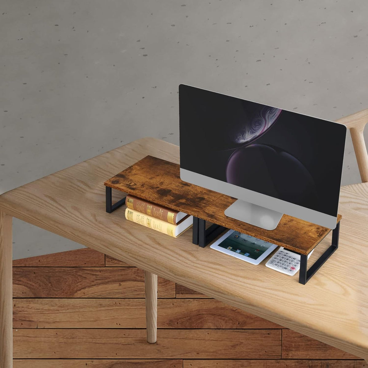 Wood Monitor Stand 2 Pack Monitor Riser for Desk, Brown