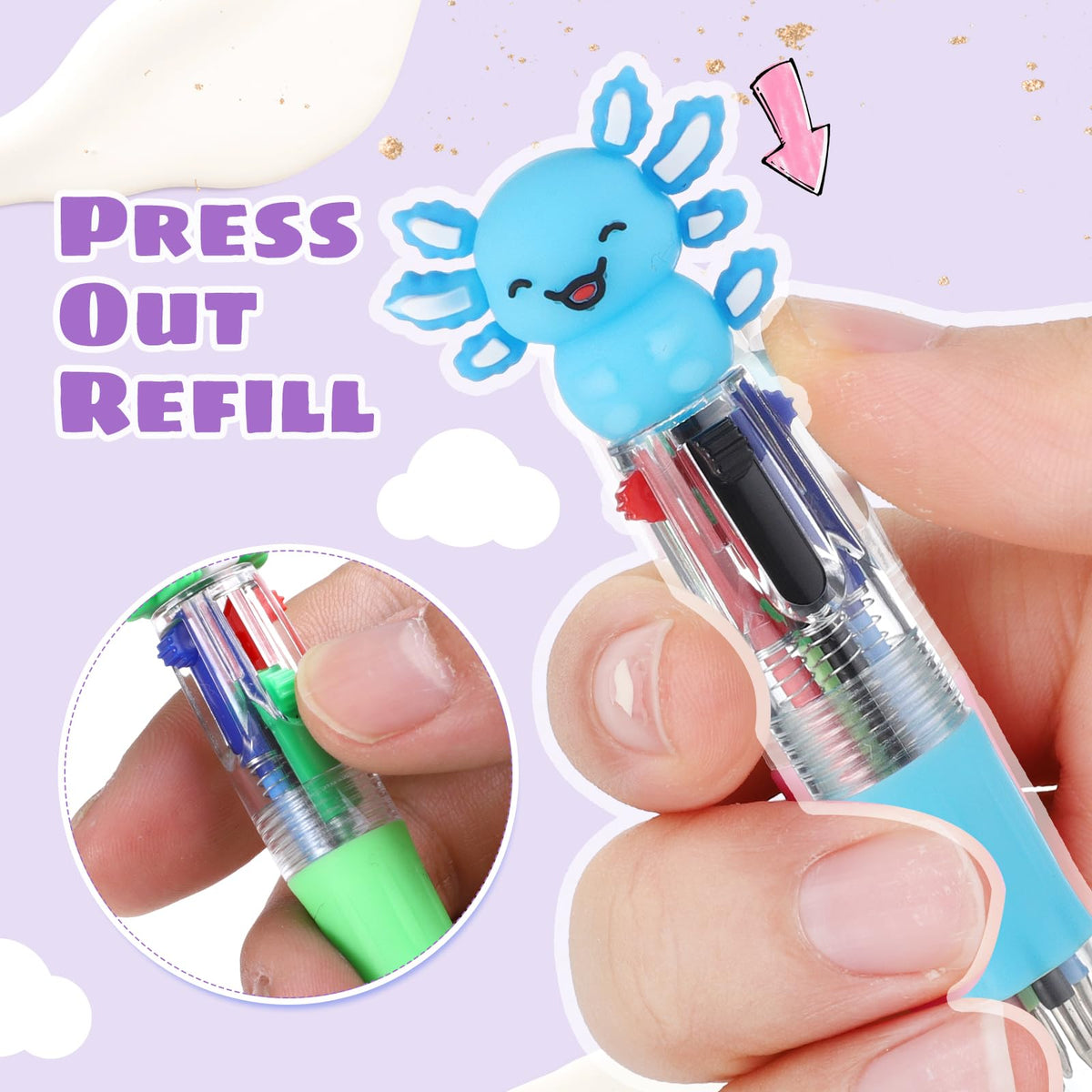 BESARME 48 Pcs Axolotl Pens for Students, 4-in-1 Cute Pen Gifts
