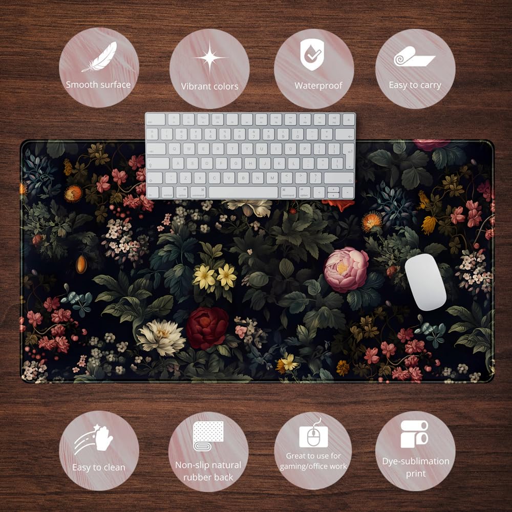 Black Vintage Desk Pad - Large Mouse Pad & Laptop Keyboard Mat - Non-Slip Base - 31.5 x 15.8 in