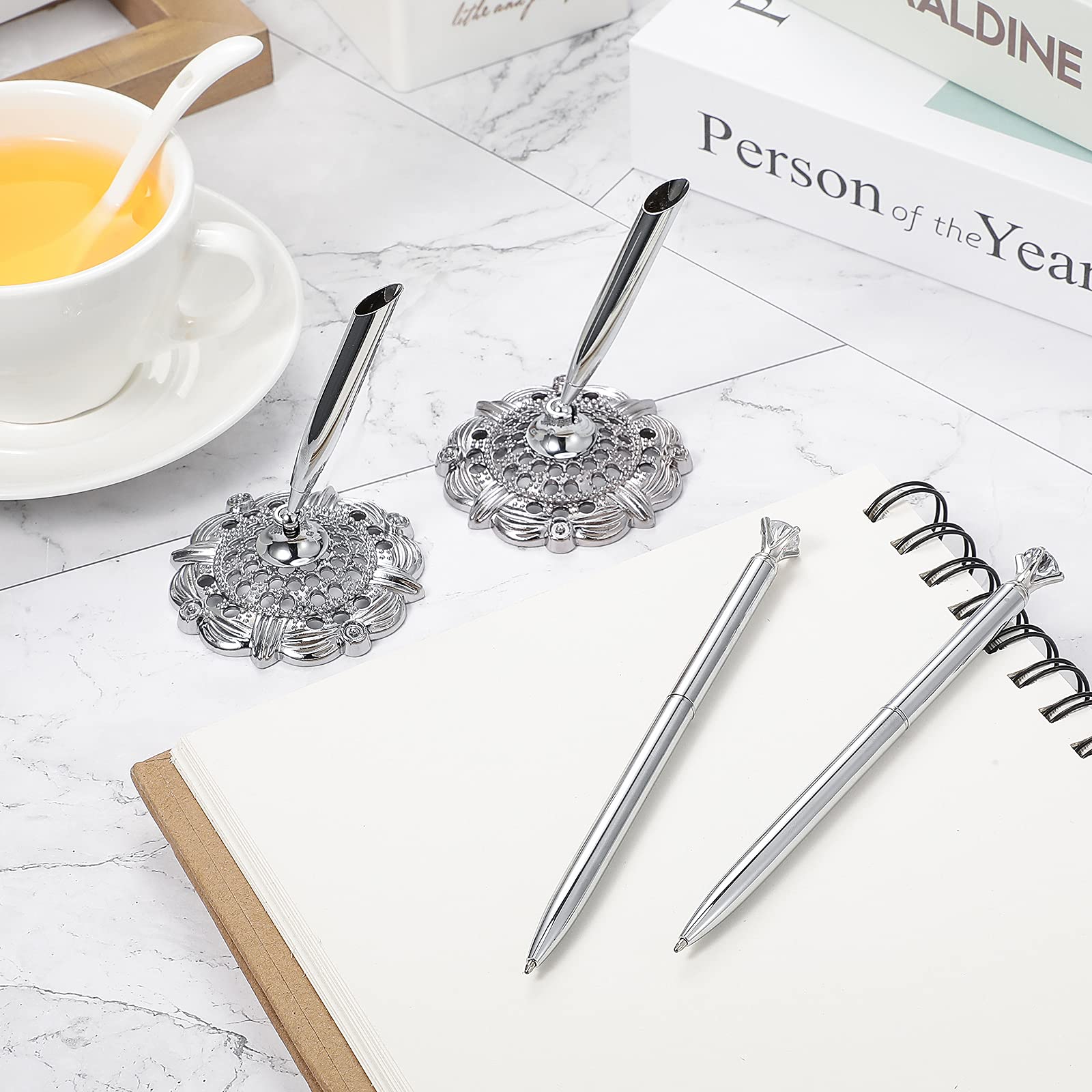 Outus Silver 4 Pcs Wedding Pens for Guest Book Signing Diamond Design