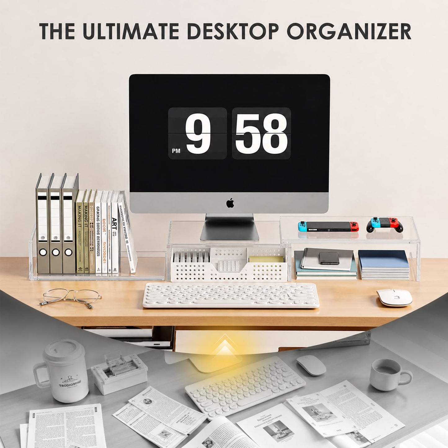 OPNICE Clear Acrylic Desk Organizers and Accessories, Dual Monitor Stand Riser with Drawer and 2