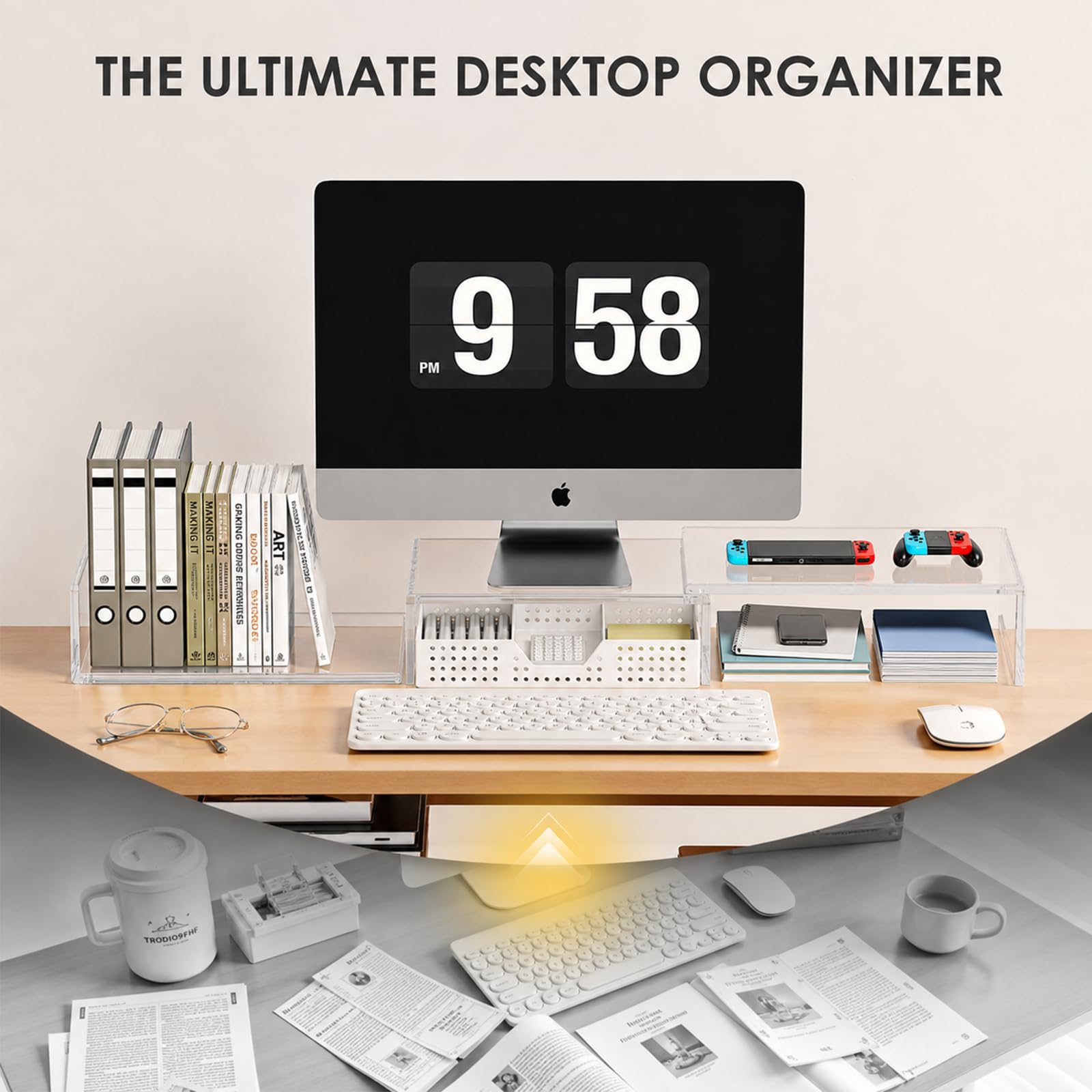 OPNICE Clear Acrylic Desk Organizers and Accessories, Dual Monitor Stand Riser with Drawer and 2