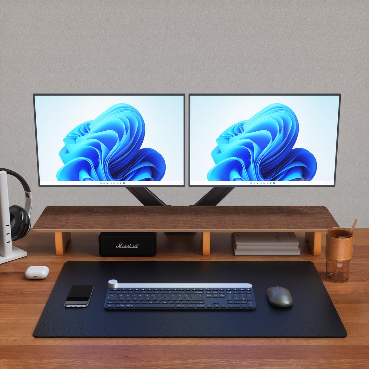 Aothia 43 inch Black Walnut Finish Dual Monitor Stand for Desk, Cork Legs