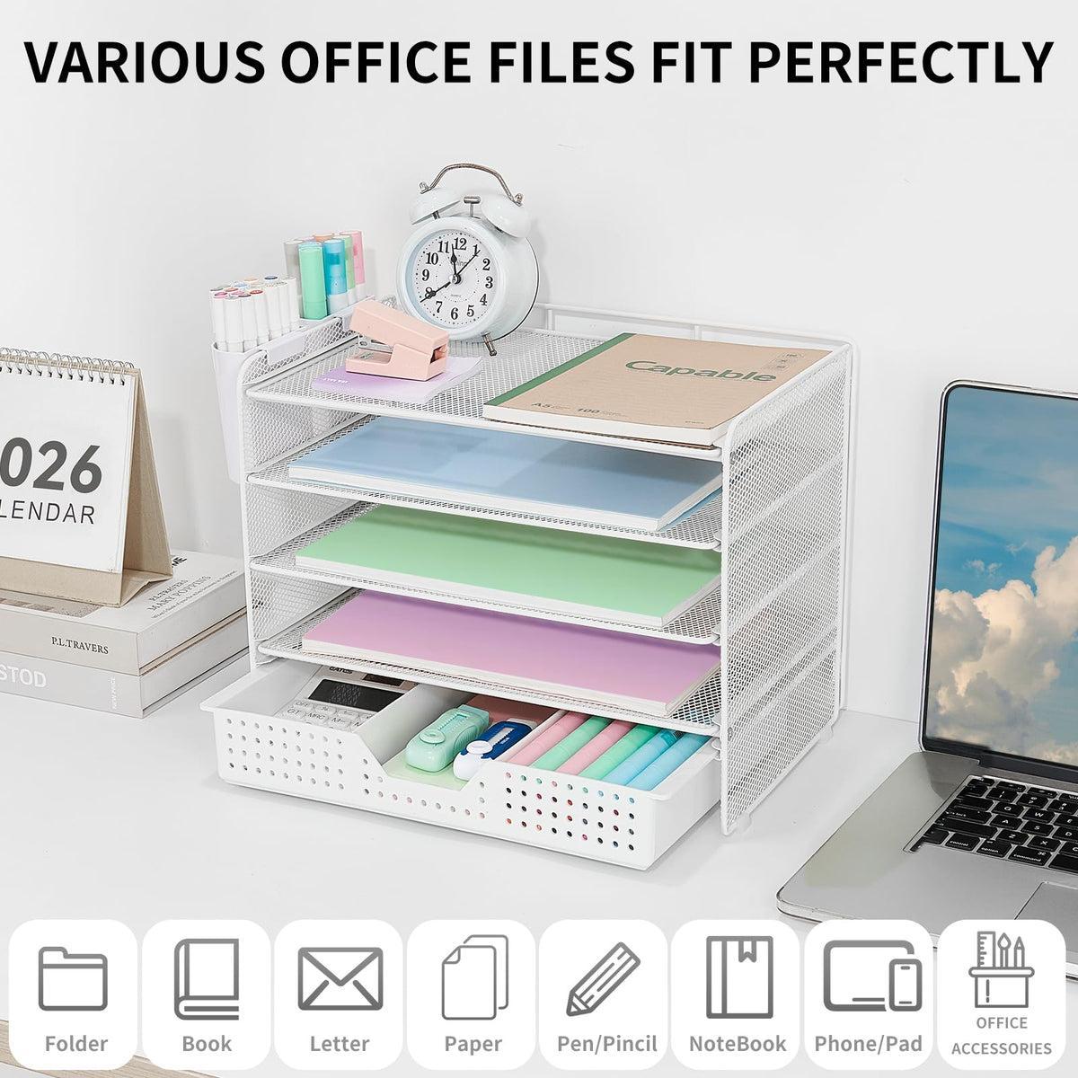 LEKETREE Desk Organizer and Accessories, 5-Tier Paper Letter Tray Organizer with Drawer & 2 Pen