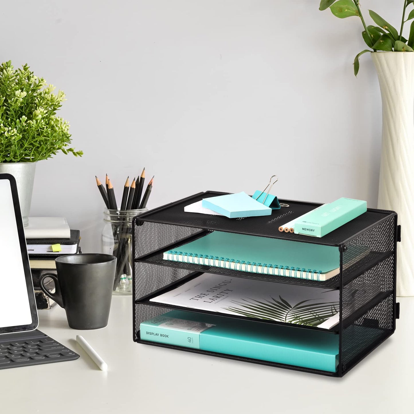 EASEPRES 3 Tier Mesh Desk Organizer Tray, File Paper Letter Folder Holder Desktop Paper Sorter Mail