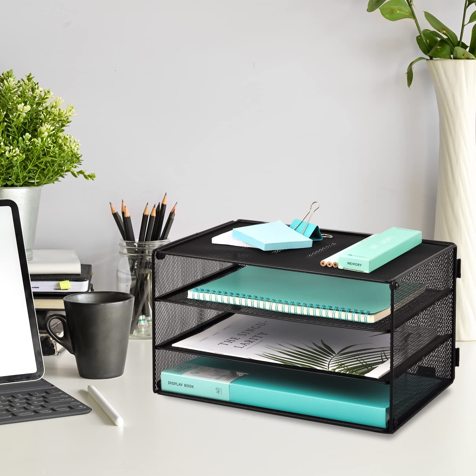 EASEPRES 3 Tier Mesh Desk Organizer Tray, File Paper Letter Folder Holder Desktop Paper Sorter Mail