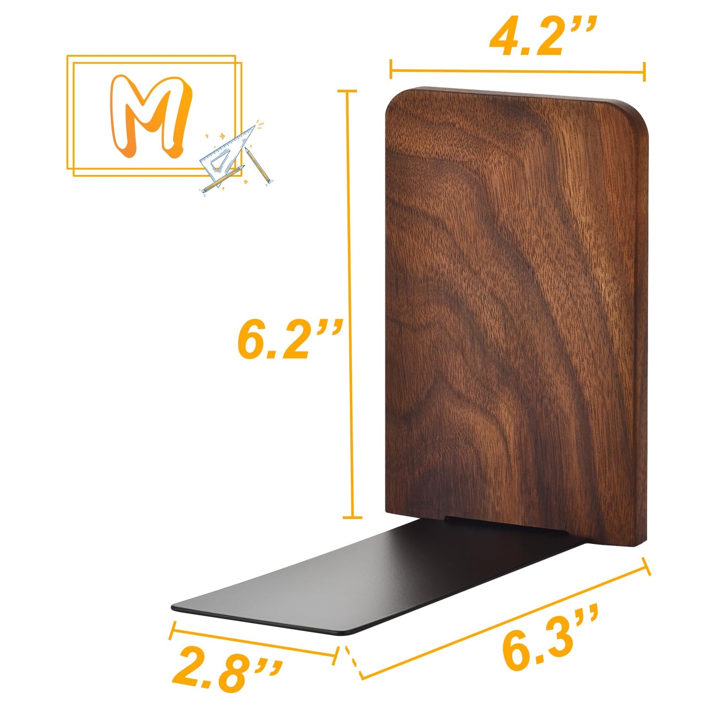 VIVTOB Book Ends, Black Walnut Wooden Bookends for Shelves - Heavy Duty Non-Slip Book Organizers