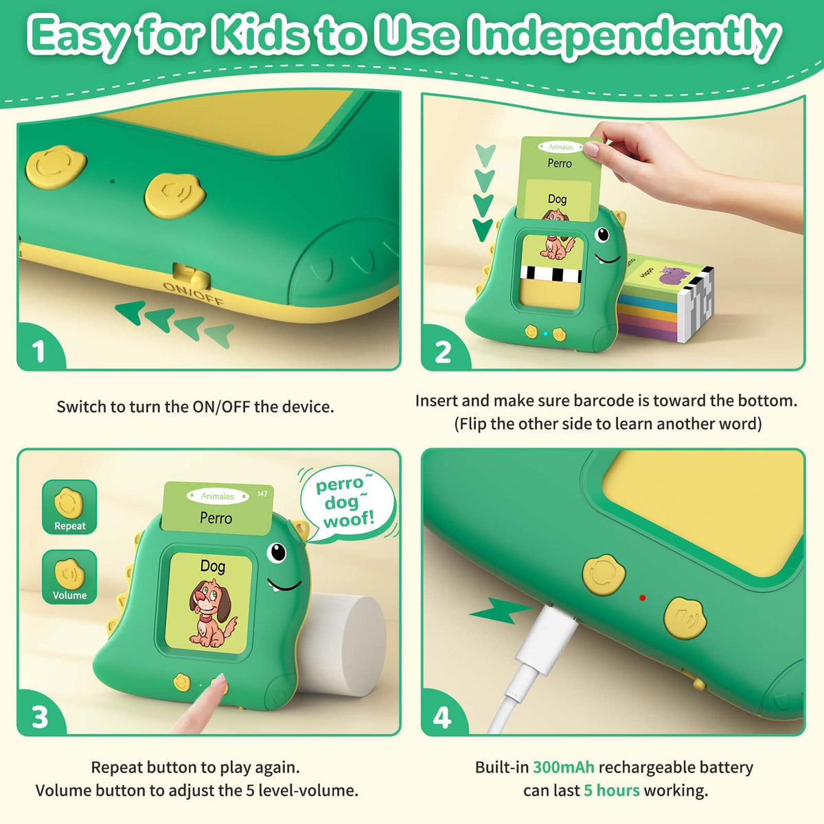 Spanish Talking Flash Cards, Bilingual Español & English Toys for Age 2-5