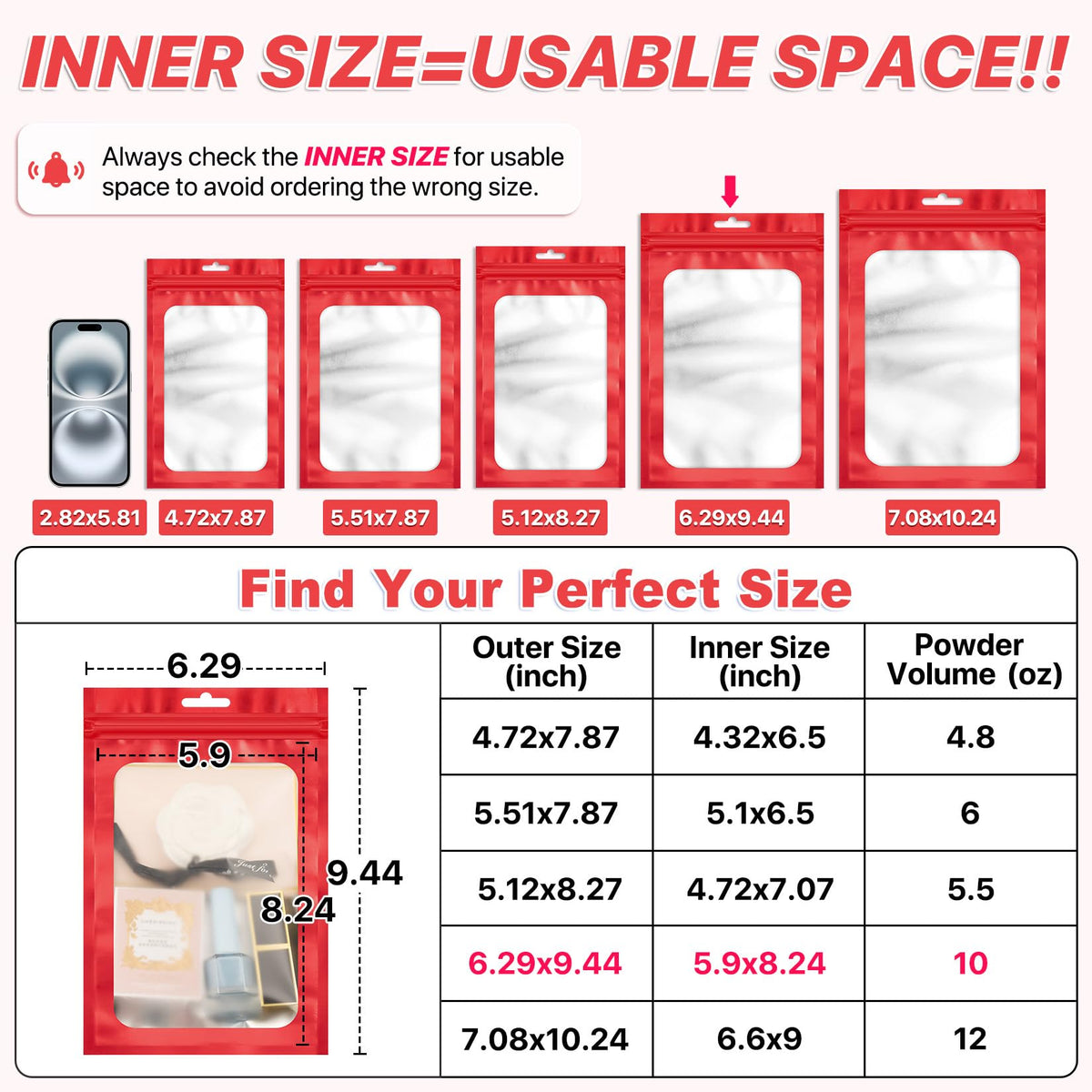 ANZNKU 100Pcs Red Mylar Bags, Resealable Smell Proof Zip Goodie Baggies