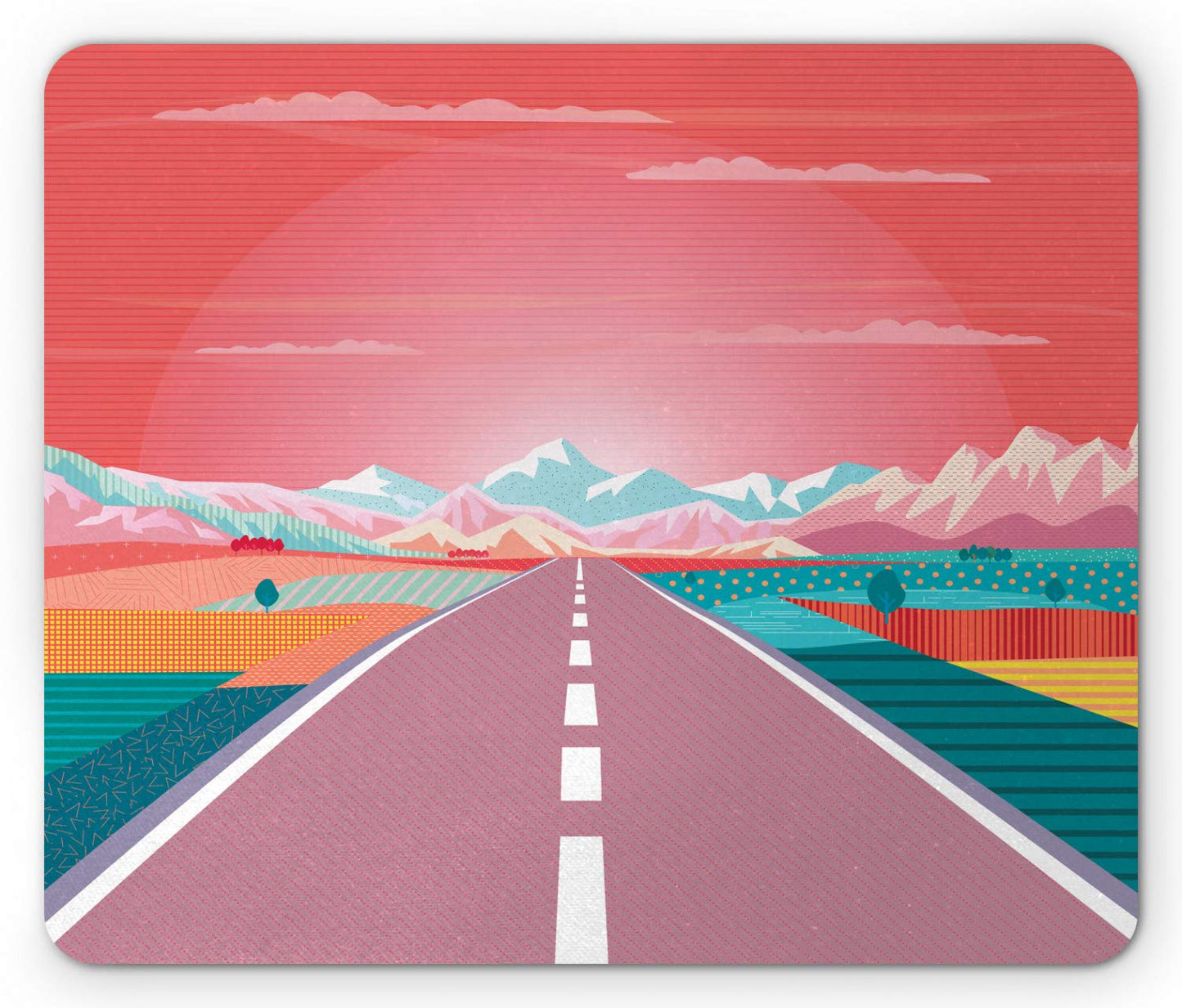 Lunarable Landscape Mouse Pad, Colorful Vaporwave Inspired Road Trip Themed Illustration with