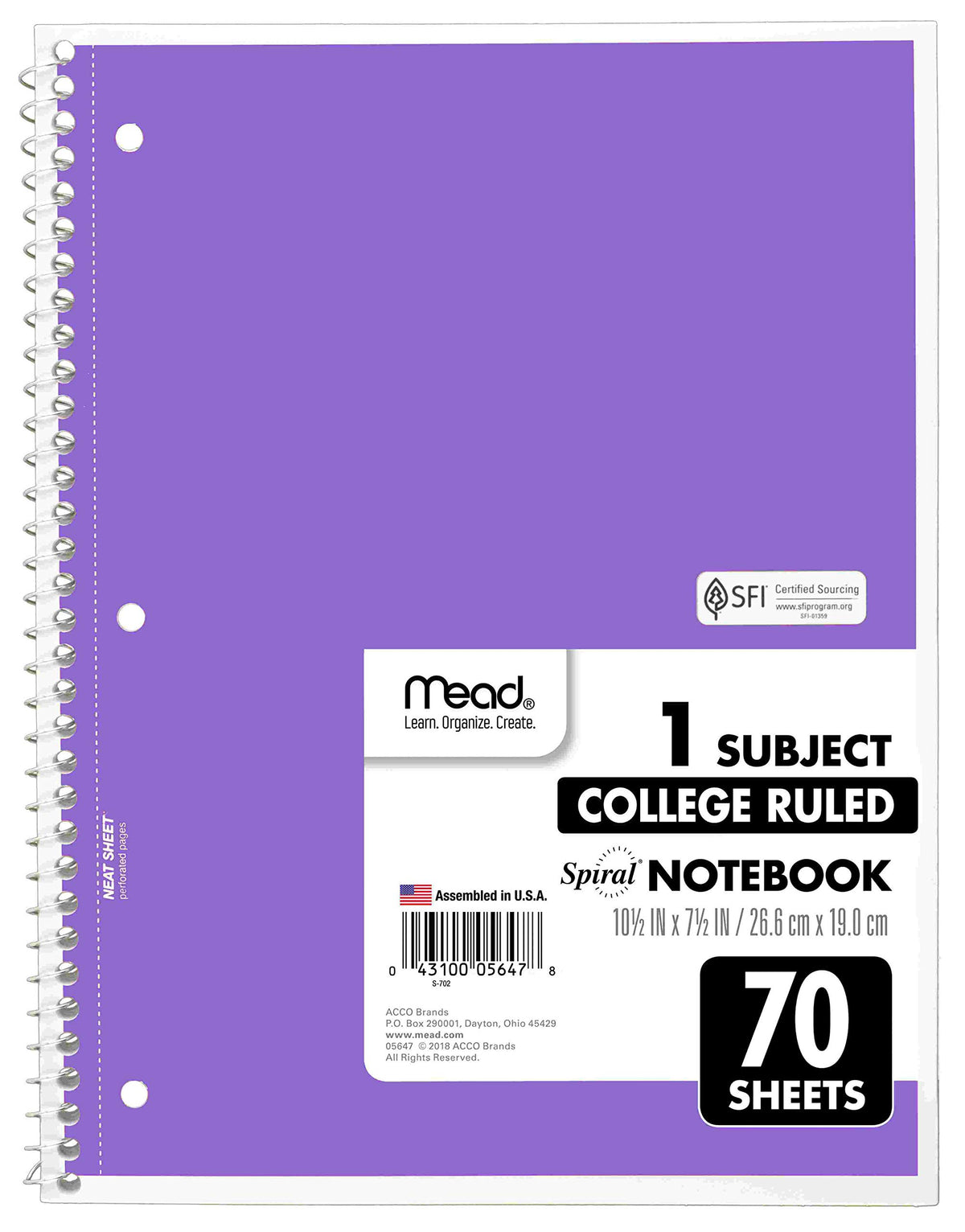 Mead Spiral Notebooks, 6 Pack, 1-Subject, College Ruled Paper, 10-1/2" x 8”, 70 Sheets per