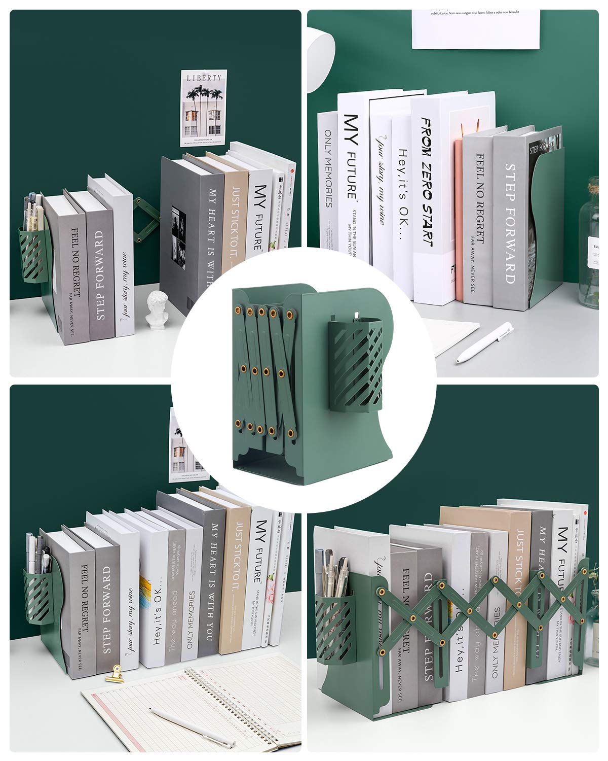 MSDADA Adjustable Bookends, Book Ends for Heavy Books, Expandable Book Organizer with Pen Holder