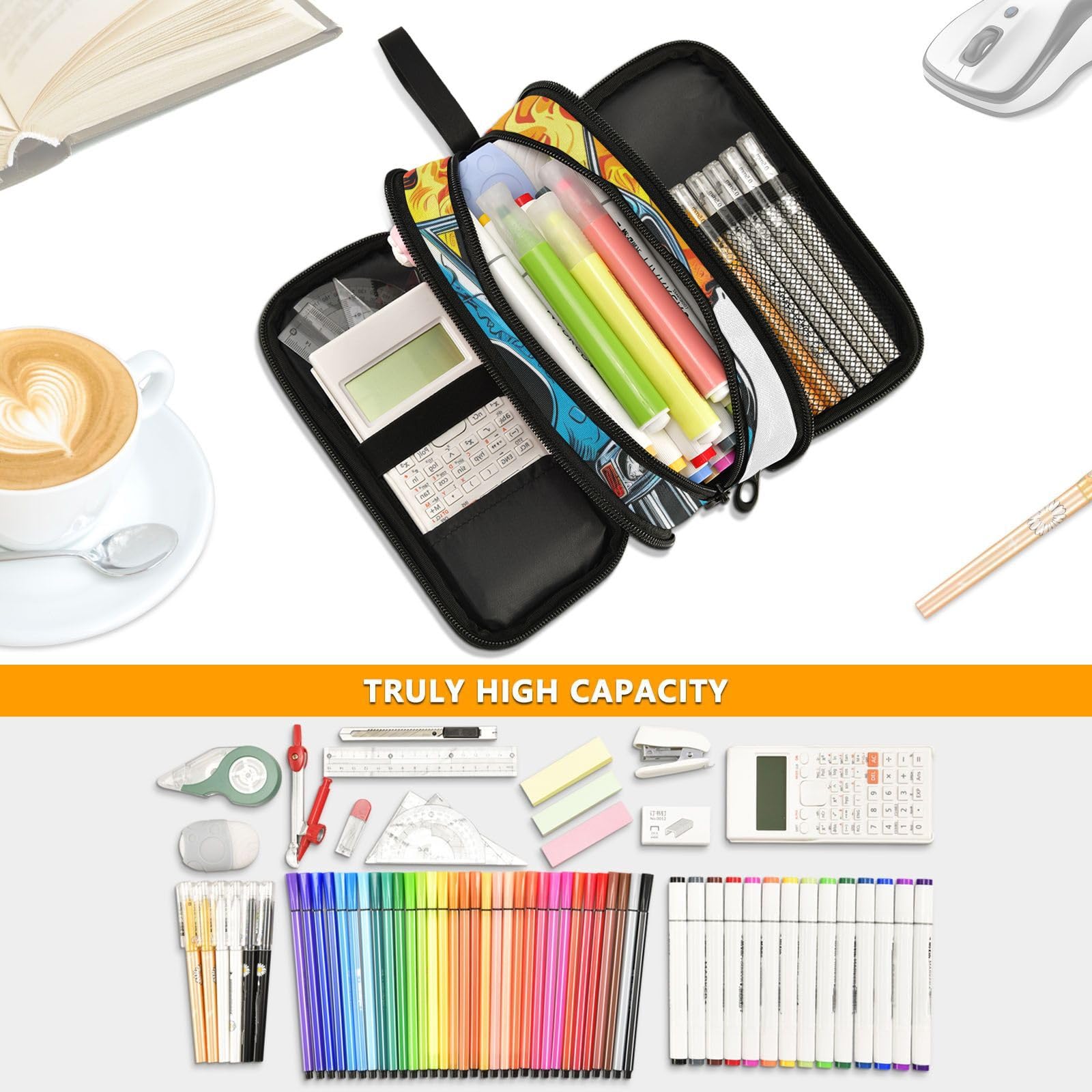 BOENLE Truck Flame Pencil Case Box Boys Girls Large Pencil Pouch with Zipper Compartments Big