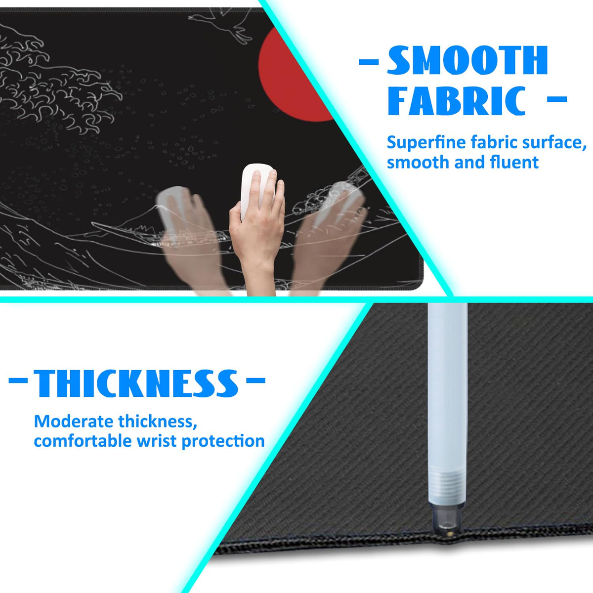 Desk Mat, Black Japanese Style Wave and Red Sun Extended Gaming Mouse Pad Large, 35.4"x15.7" Big