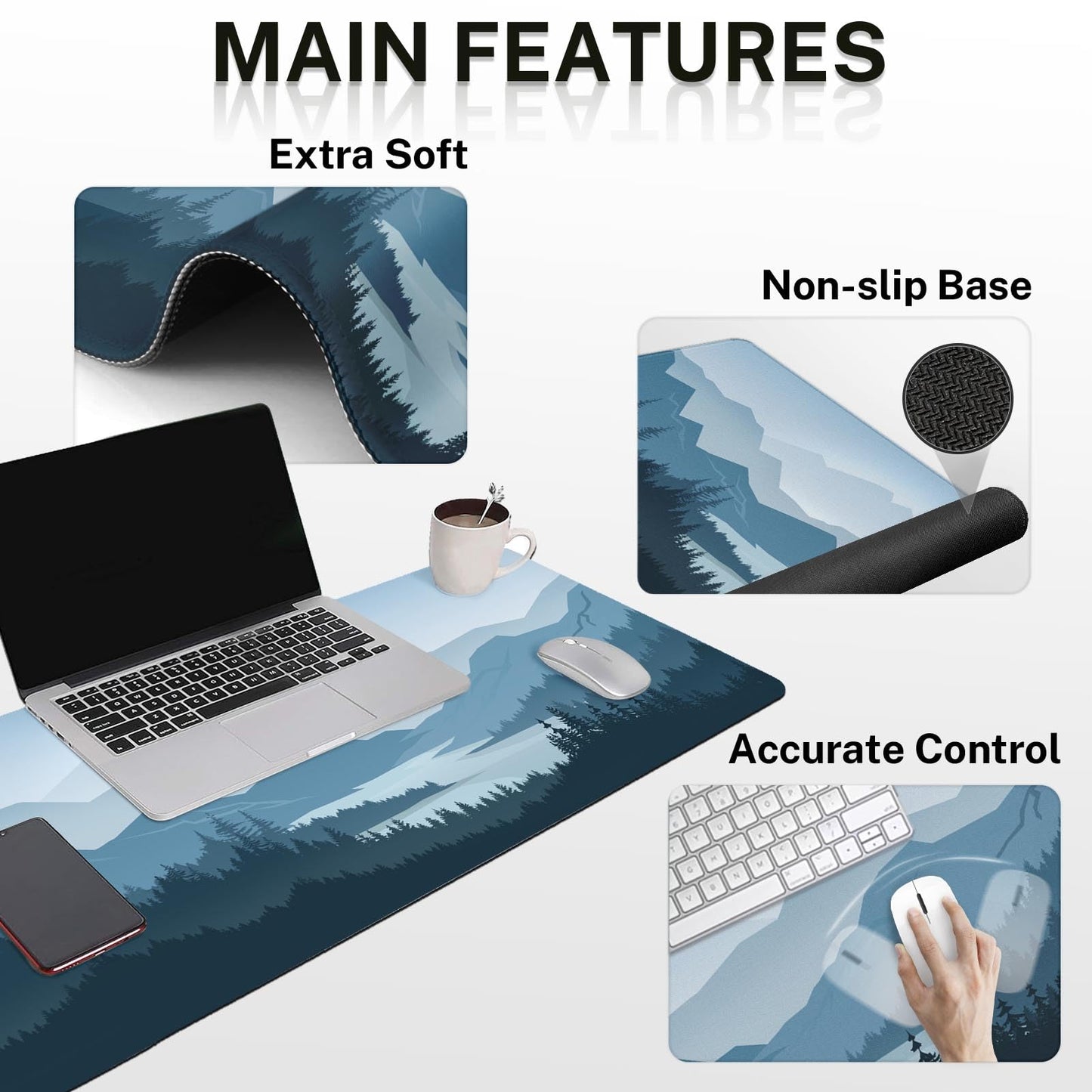 Arttown Keyboard Mouse Pad Set, 4 in 1 Desk Mat Set Mountains Blue
