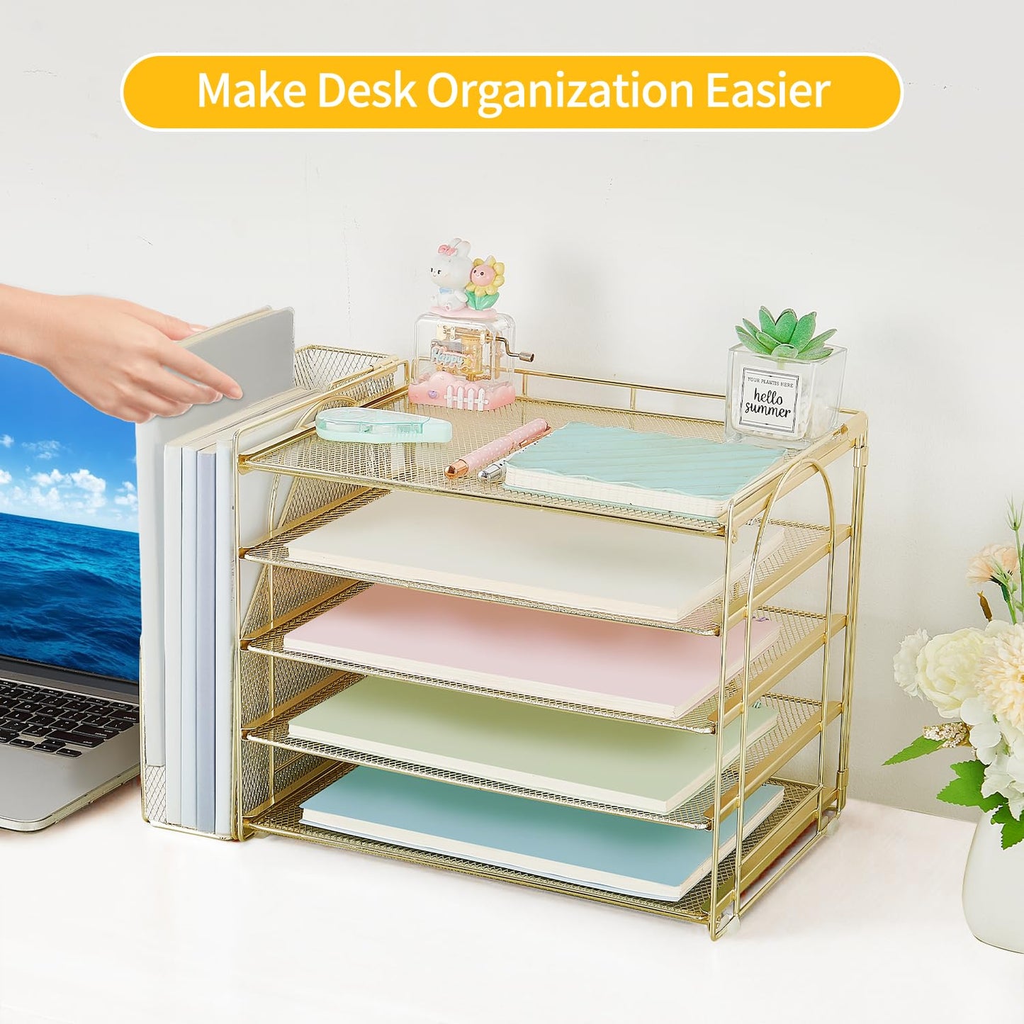 AUPSEN Gold Desk Organizers and Accessories, 5-Tier Desktop Paper File Organizer with Removable