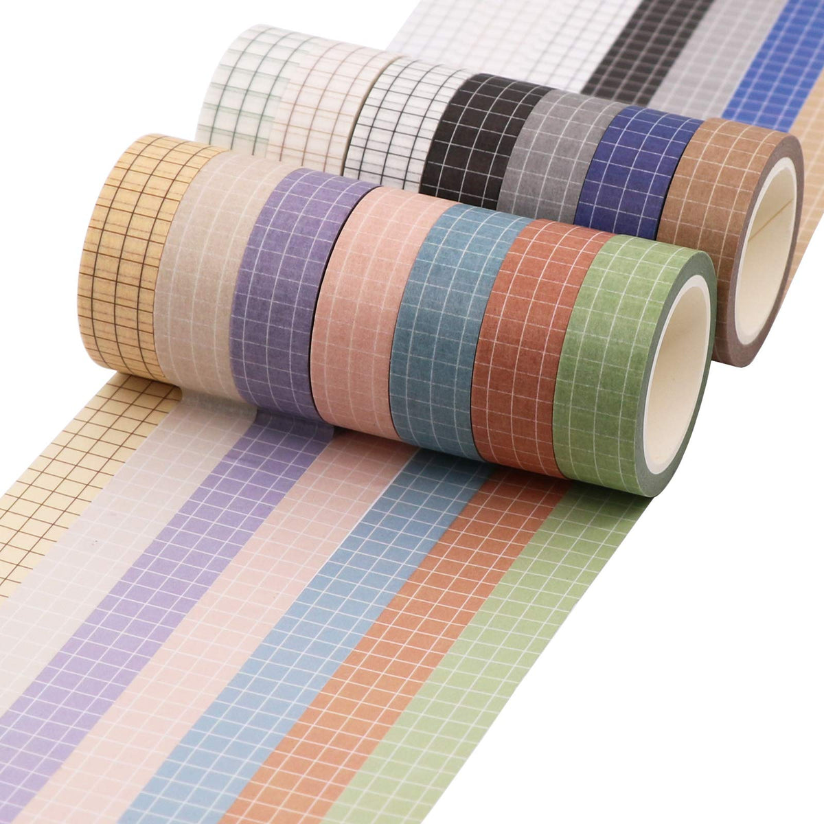 Knaid Grid Washi Tape Set, 14 Rolls of 15 mm Wide Decorative Colored Masking Tapes for