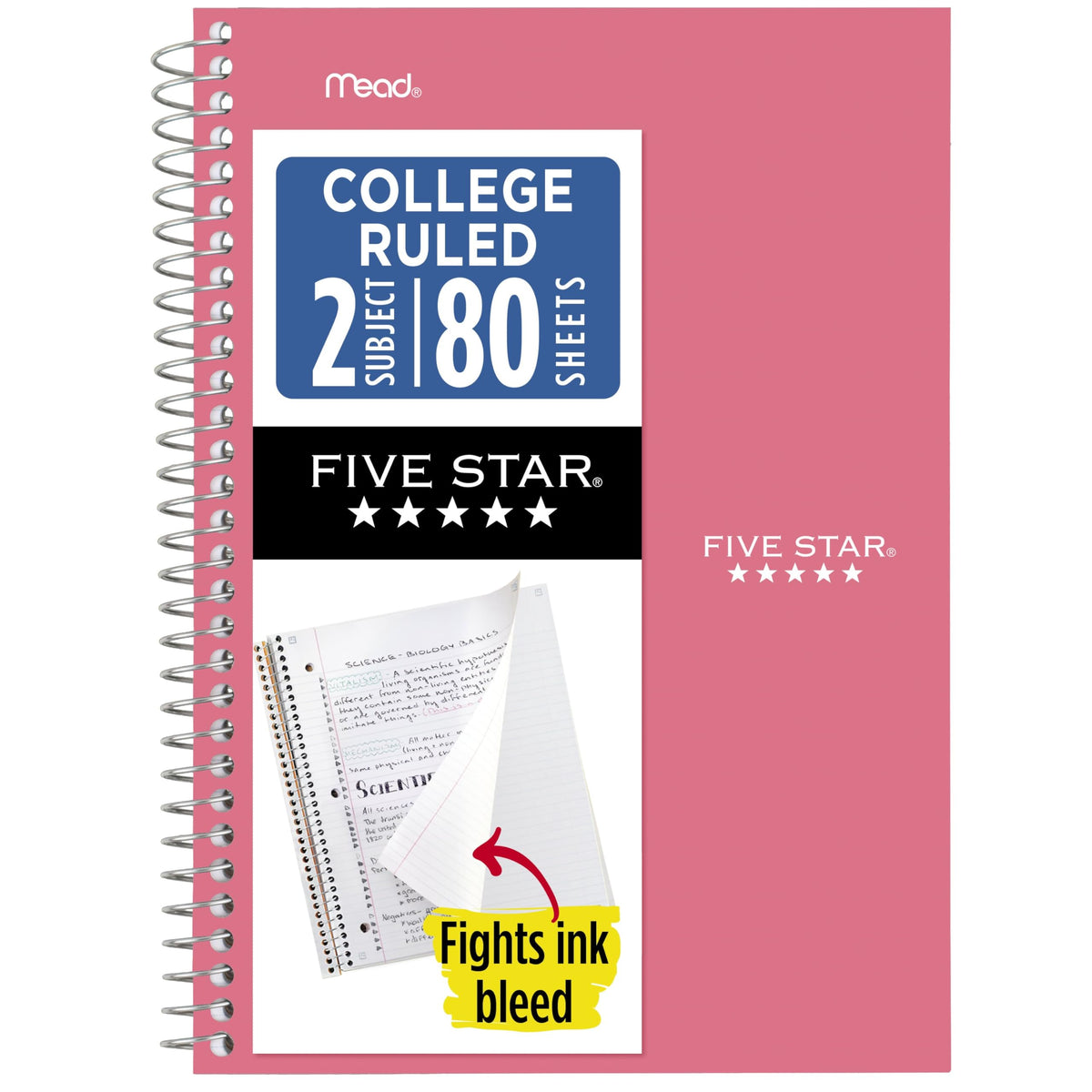 Five Star Spiral Notebook, 2 Subject, College Ruled Paper, 6" x 9-1/2", 80 Sheets, Fights Ink