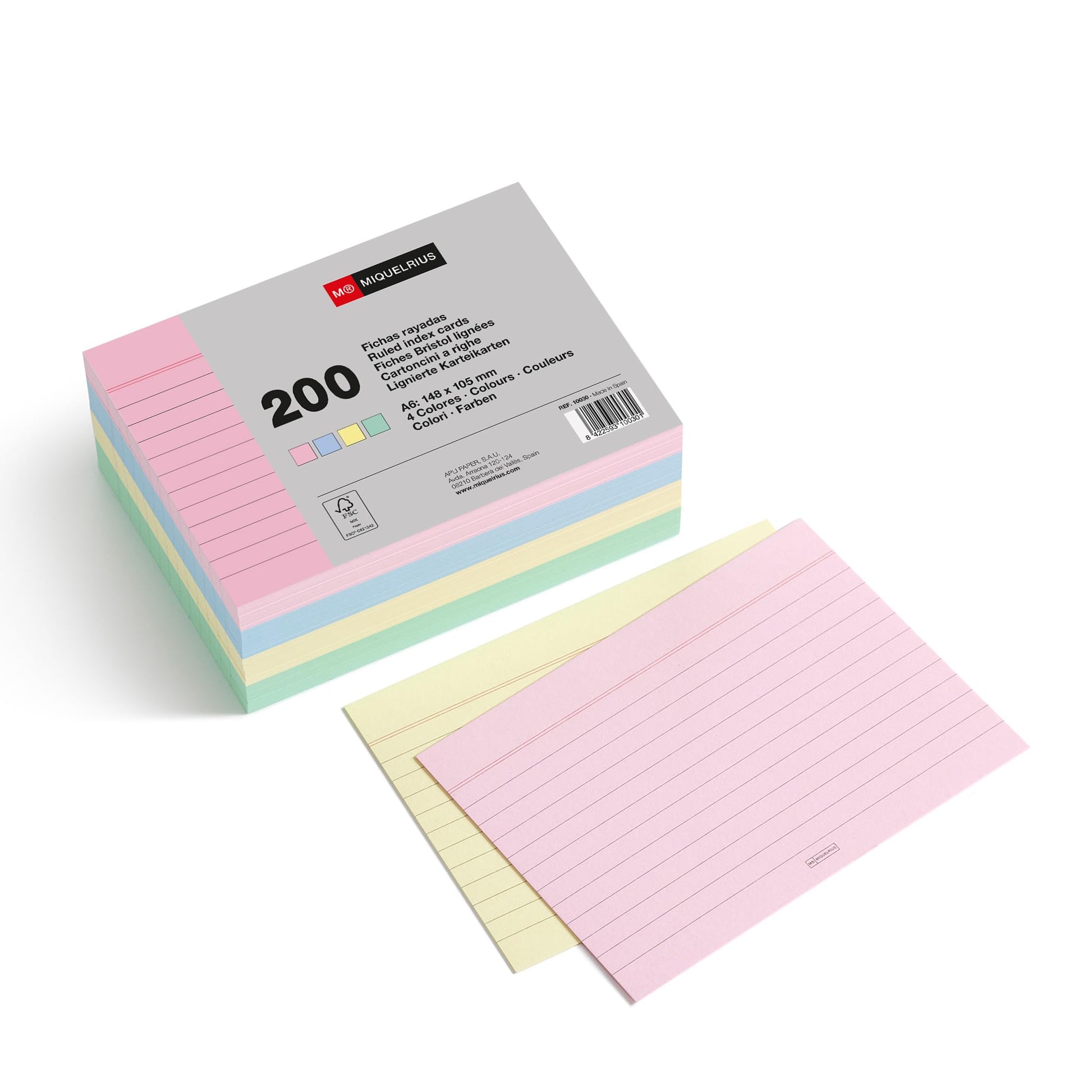 Miquelrius - Flashcards for Study, 200 Pastel Coloured Ruled Sheets, Size A6 (148 x 105 mm), Offset