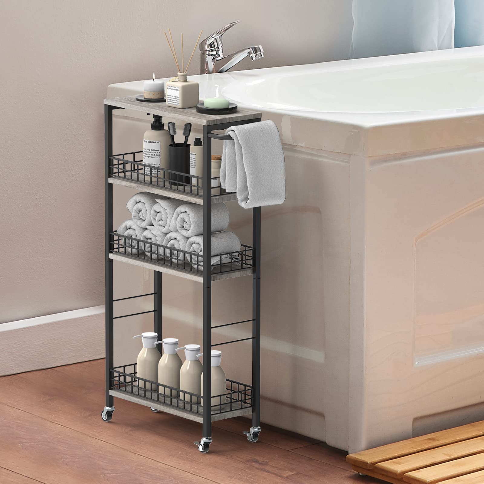NOVIMANGO Slim Storage Cart Narrow Kitchen Cart 4 Tier, Grey