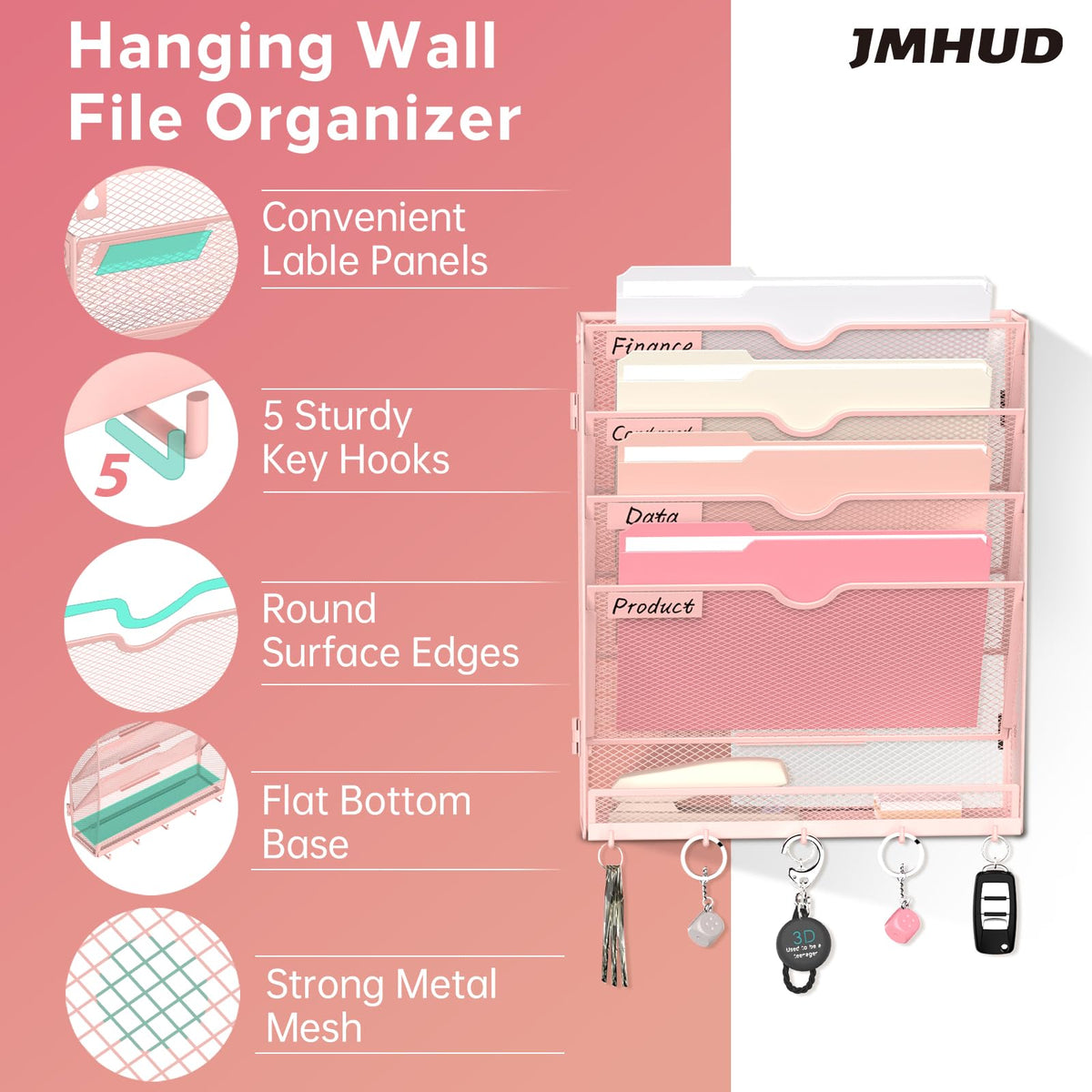 JMHUD 5-Tier Wall File Organizer and Mail Organizer with 5 Hooks, Pink