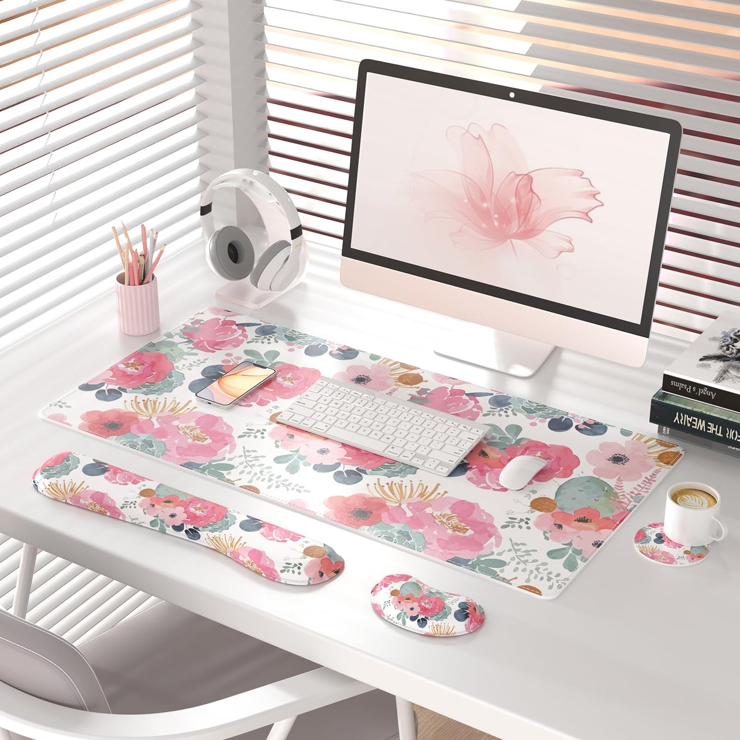 QiyI PU Leather Desk Mat Set, 4-in-1 Ergonomic Wrist Rest, Pink Flowers