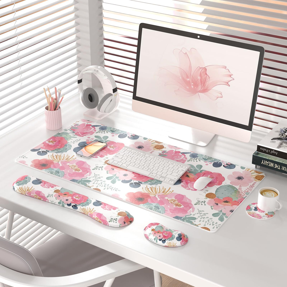 QiyI PU Leather Desk Mat Set, 4-in-1 Ergonomic Wrist Rest, Pink Flowers
