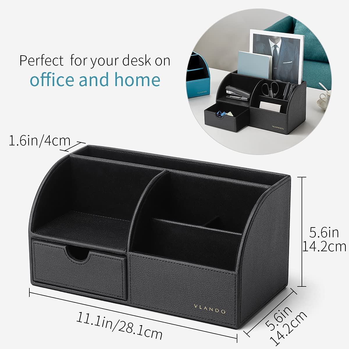 VLANDO Office Desk Organizer Leather Desktop Organizer Caddy with Drawer for Storing Desktop