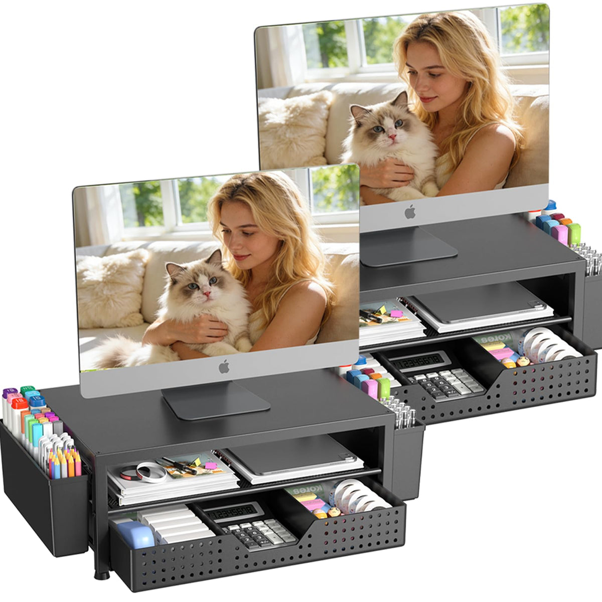 OPNICE Desk Organizers and Accessories, Computer Monitor Stand Riser with Drawer and 2 Pen Holders