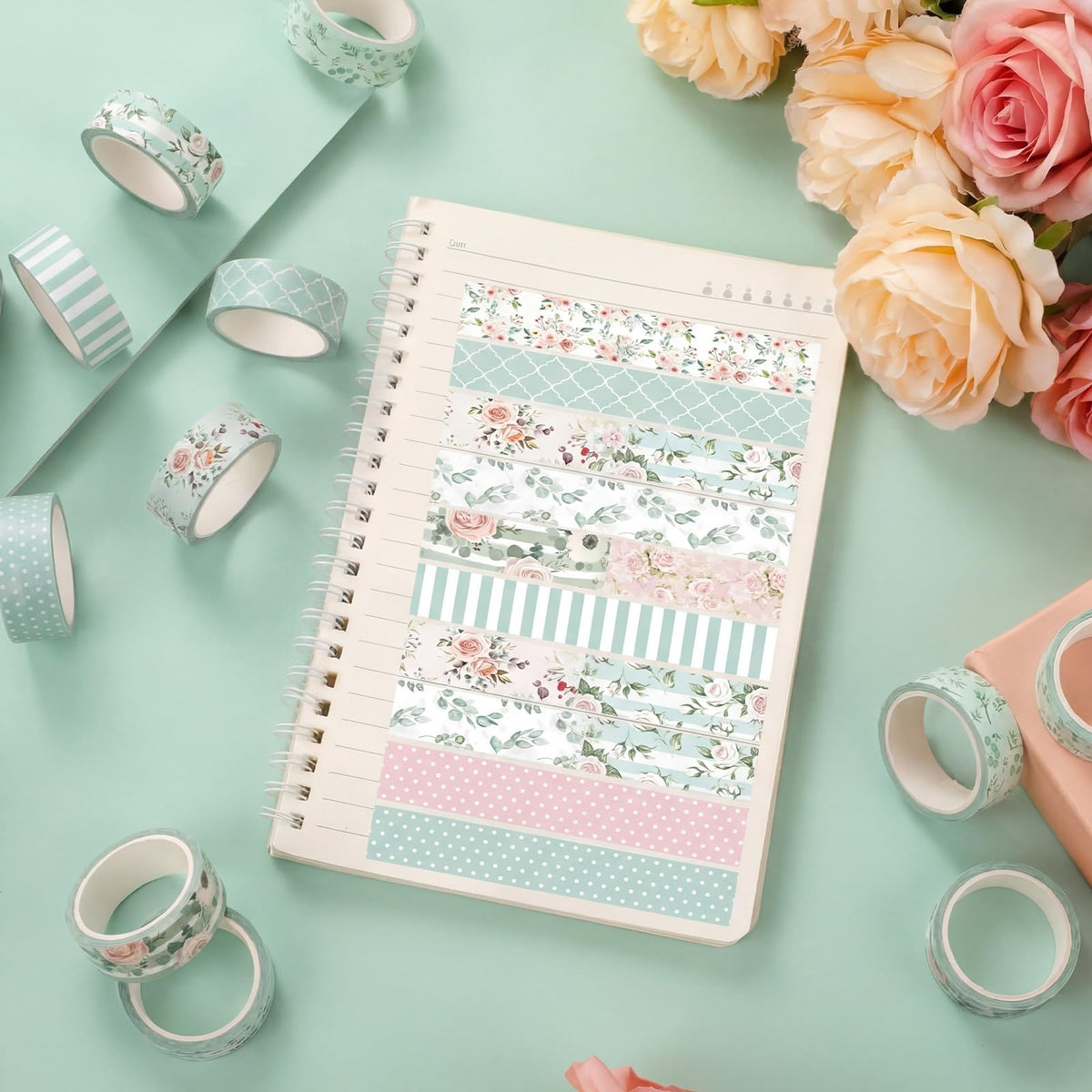 YooNotee 12 Rolls Floral Washi Tape Set,Pink and Green,Spring