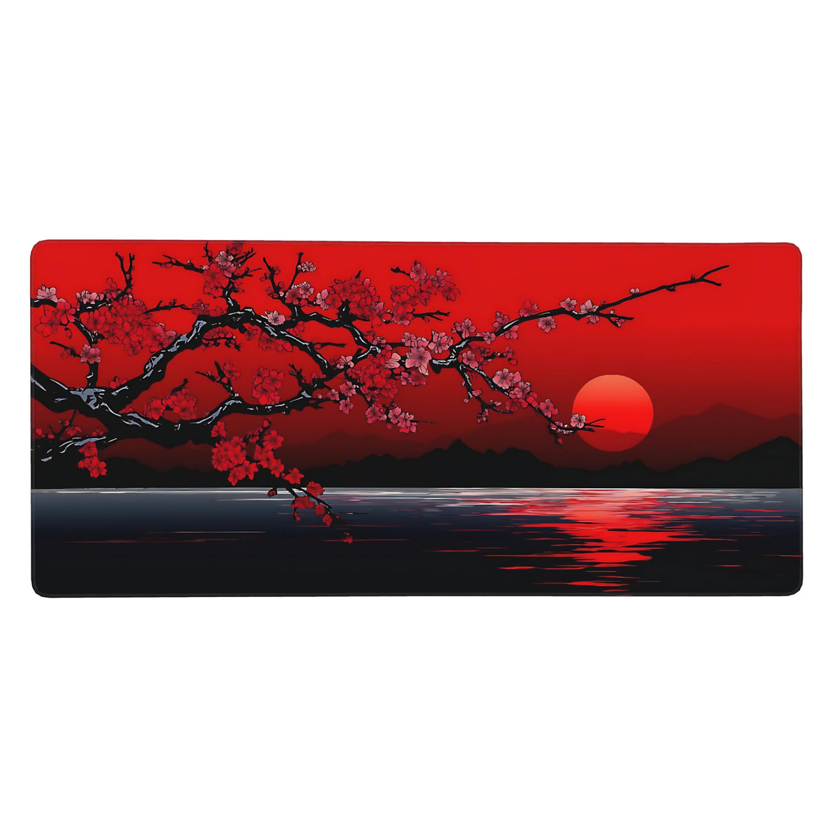 Aesthetic Cherry Blossom Gaming Mouse Pad, Black Red Japanese Desk Mat with Anti-Slip Base &
