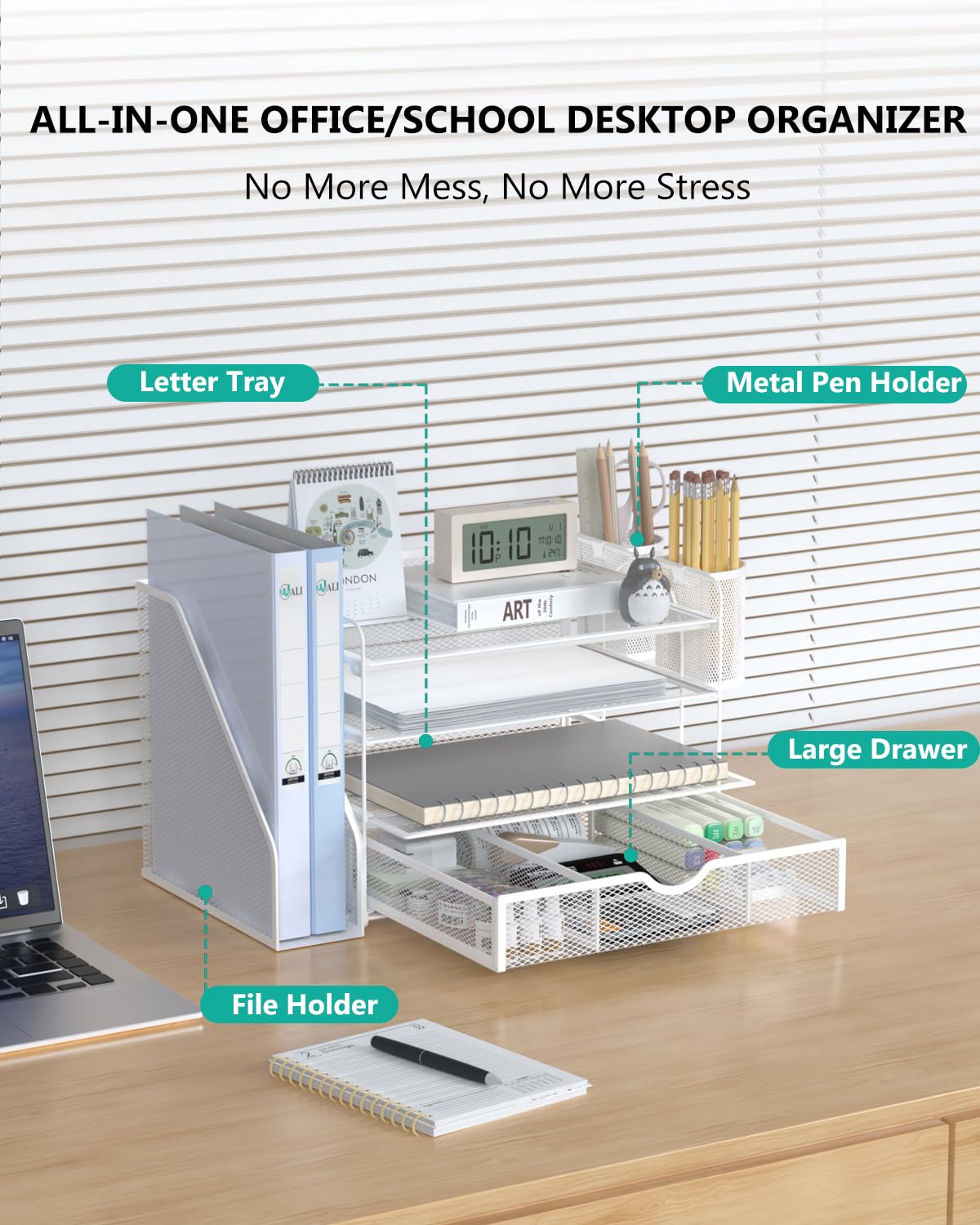 WALI Desk File Organizer, 4 Tier Desktop Paper Letter Tray Organizer with Drawer and 2 Pen Holders