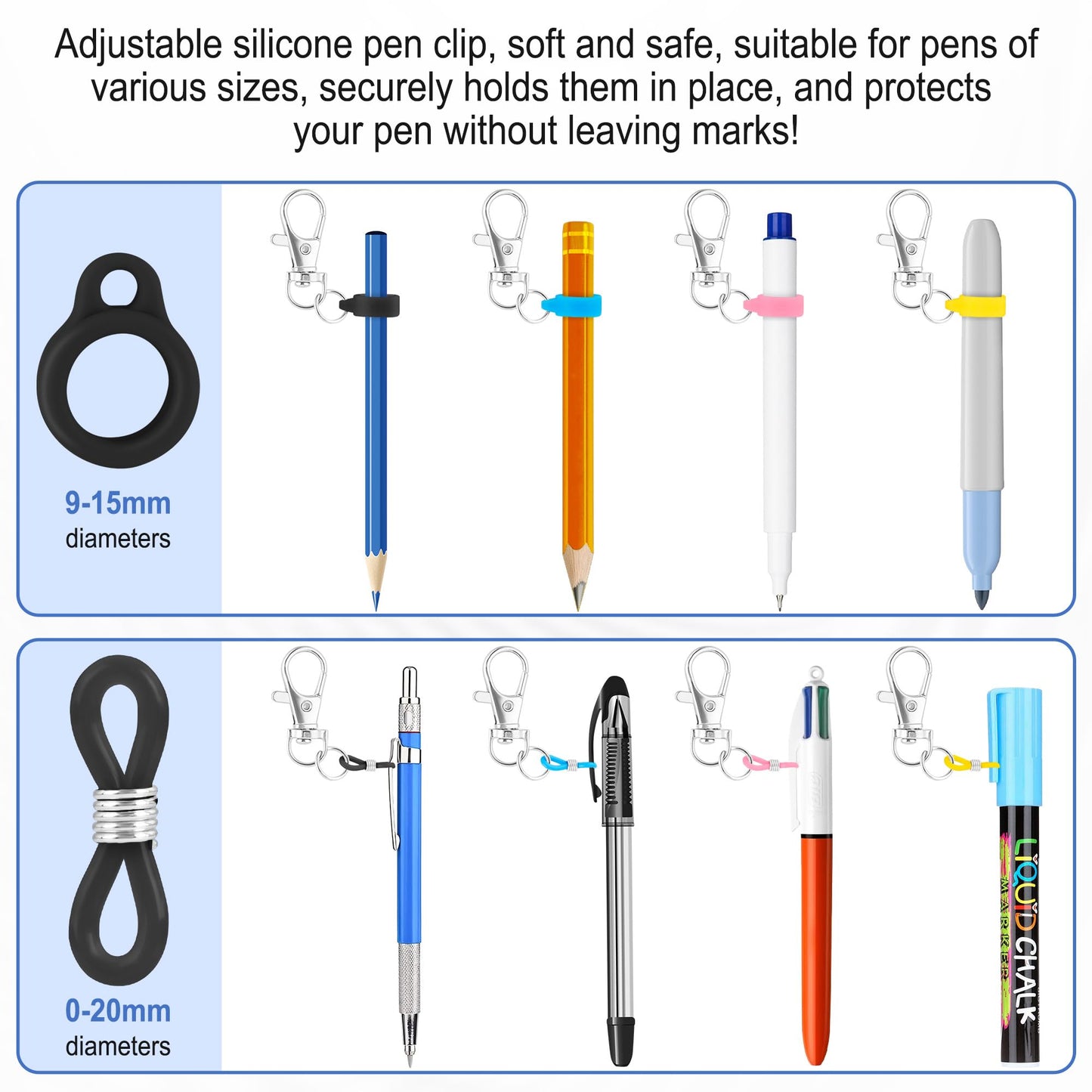8 Pack Retractable Pen Holder with 32 in Dyneema Cord, Silicone Ring