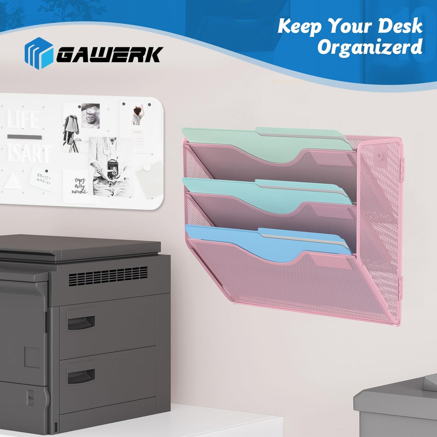 Gawerk 3 Tier Hanging Wall File Organizer, Mesh Mail Paper Orgnization Hanging File Folder Holder