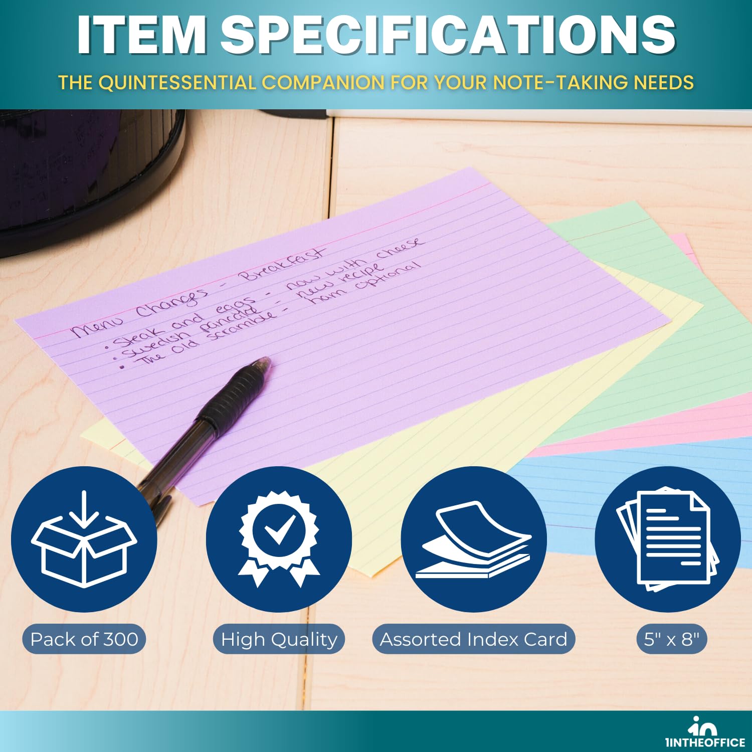 1InTheOffice Index Card 5x8 Ruled, Lined Note Cards, Flash Cards, Assorted Colors, 300/Pack