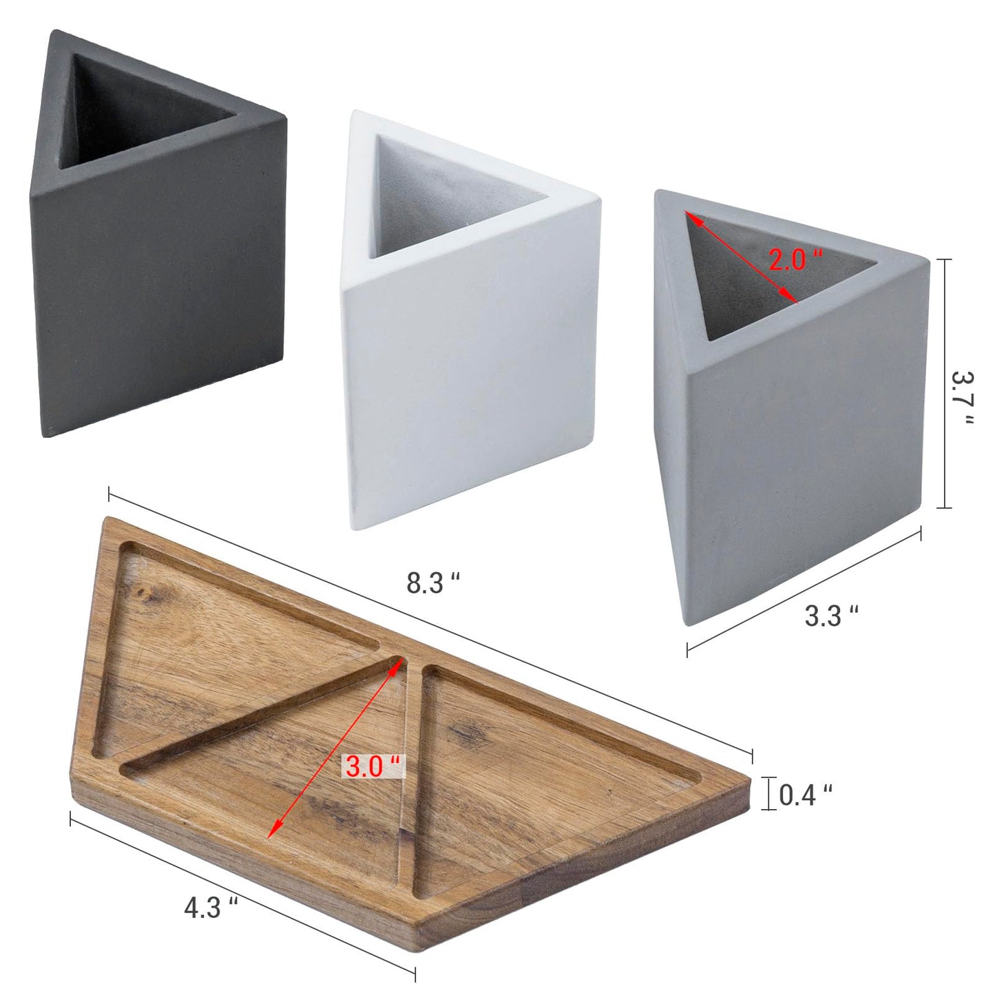 MyGift Modern Concrete Desk Organizer Set with 3 Triangular Gray-Tone Pen Holders and Acacia Wood